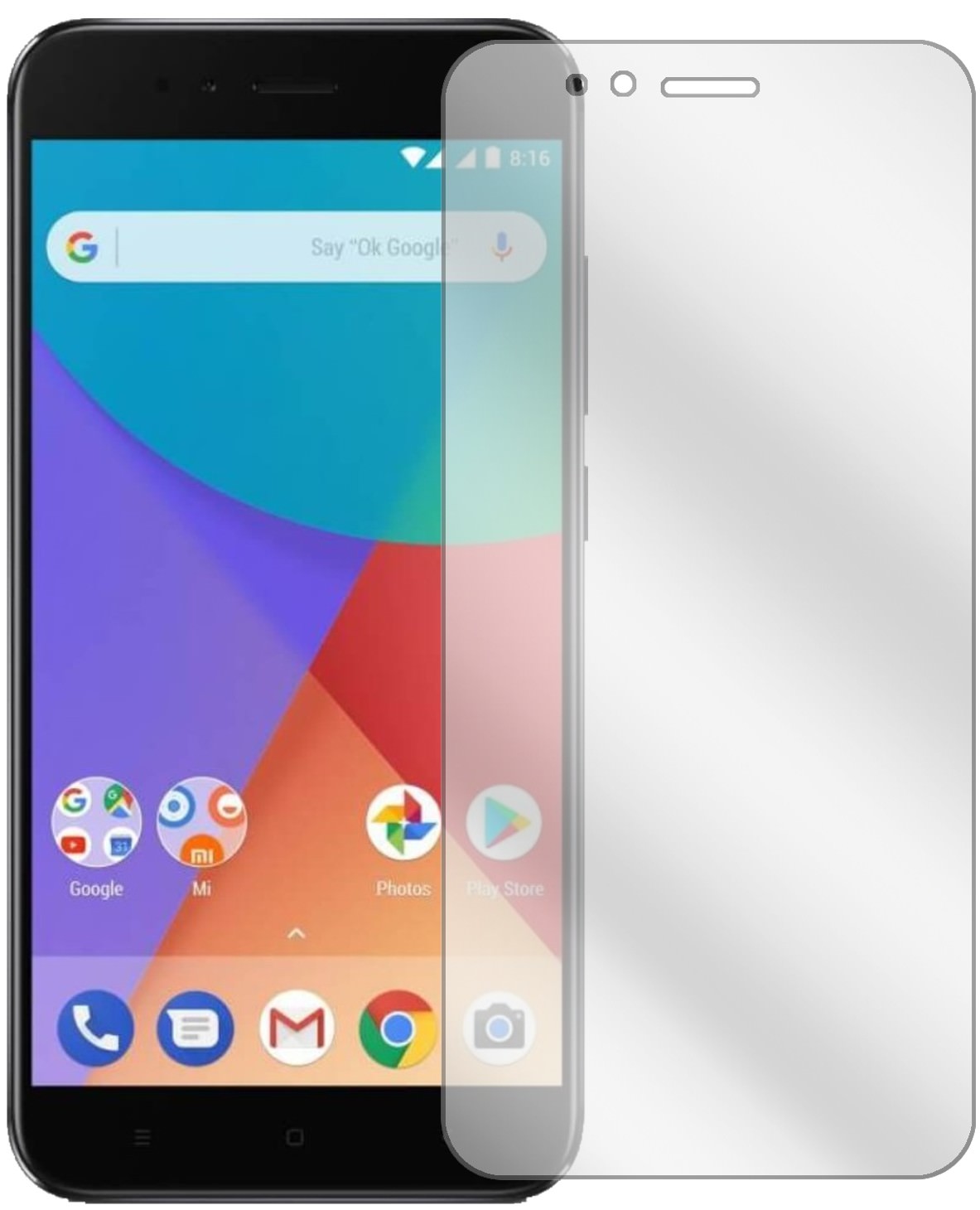XiaomiMi A1 mit aufgebrachter dipos Displayschutzfolie, glasklare Darstellung ohne Einschränkungen