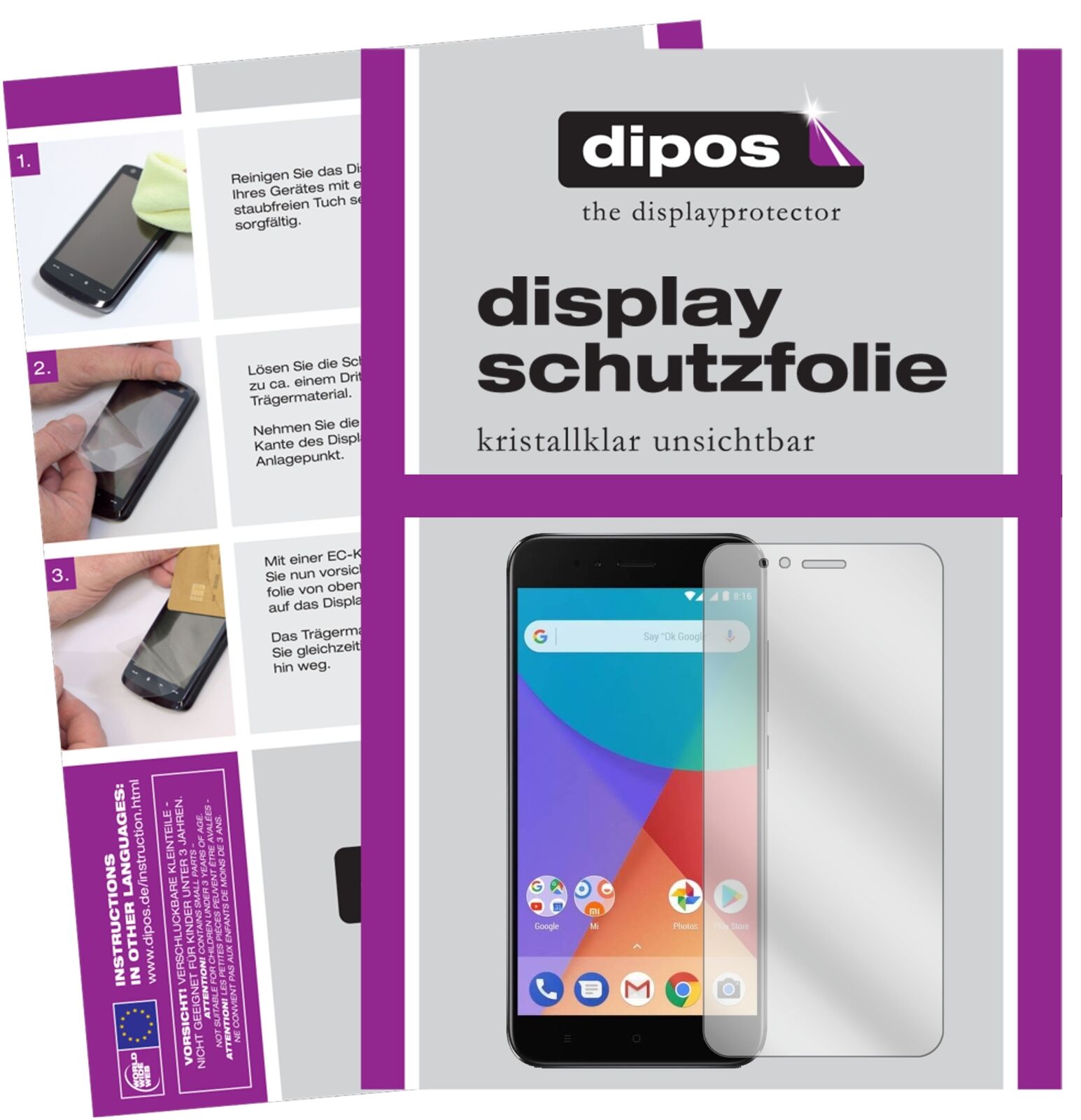 XiaomiMi A1 mit aufgebrachter dipos Displayschutzfolie, glasklare Darstellung ohne Einschränkungen