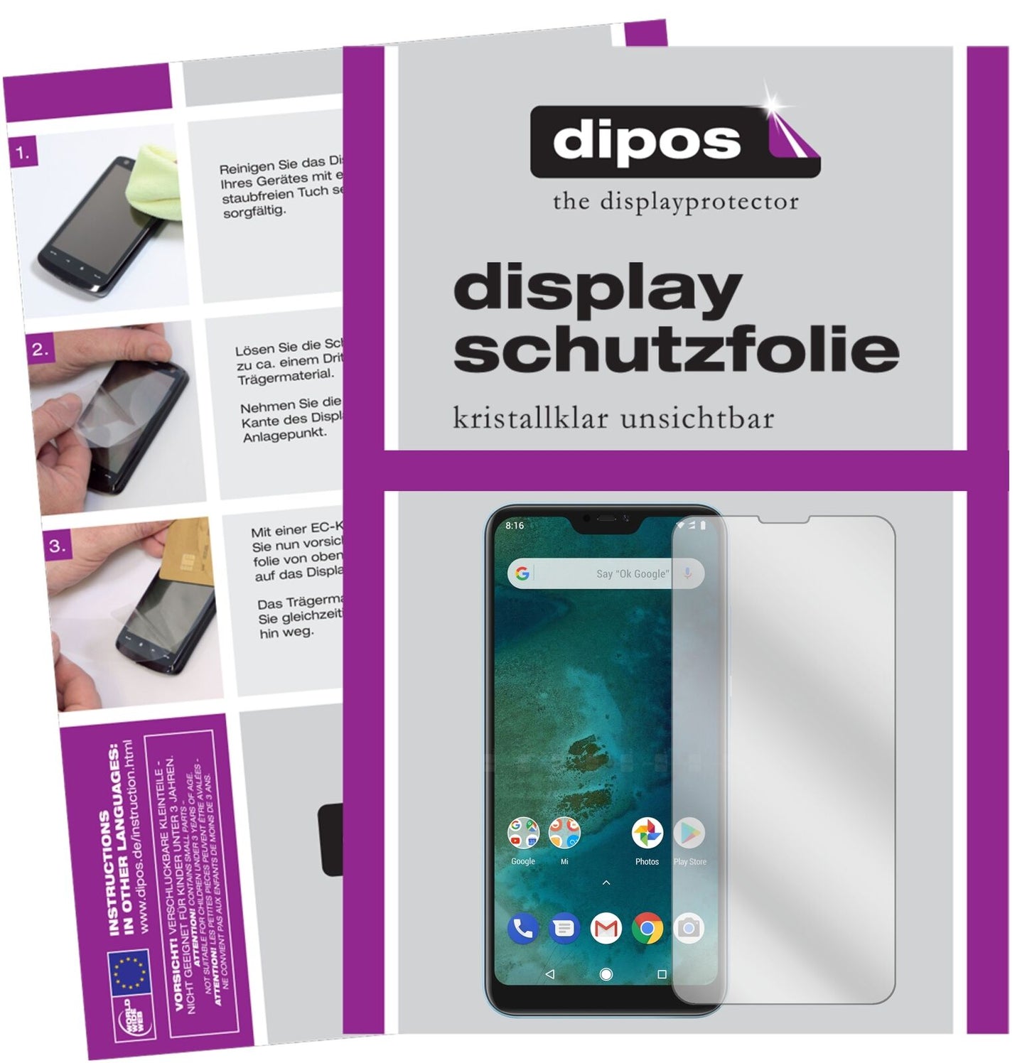 XiaomiMi A2 Lite mit aufgebrachter dipos Displayschutzfolie, glasklare Darstellung ohne Einschränkungen