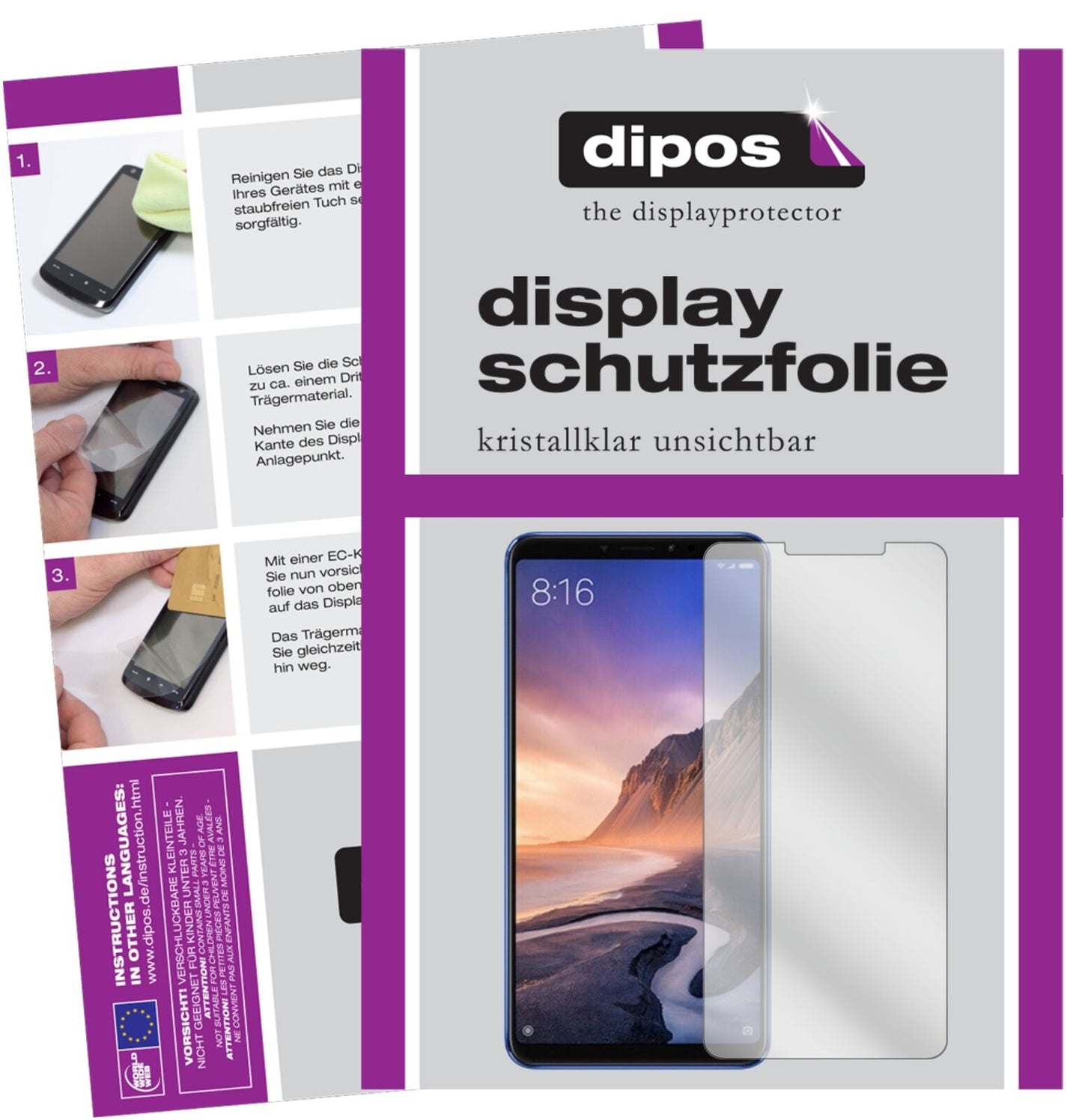 XiaomiMi Max 3 mit aufgebrachter dipos Displayschutzfolie, glasklare Darstellung ohne Einschränkungen