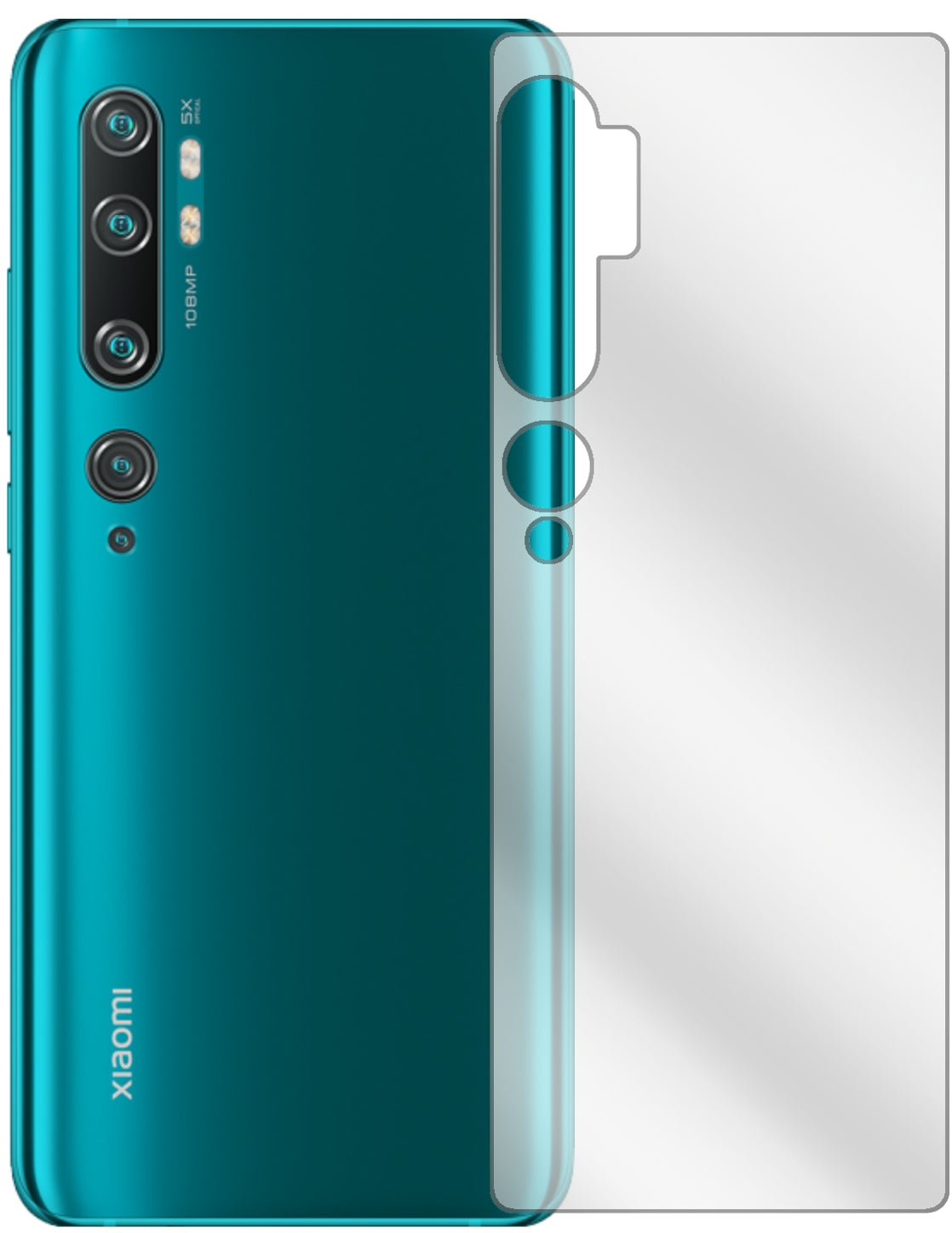 XiaomiMi Note 10 Rückseite mit aufgebrachter dipos Displayschutzfolie, glasklare Darstellung ohne Einschränkungen