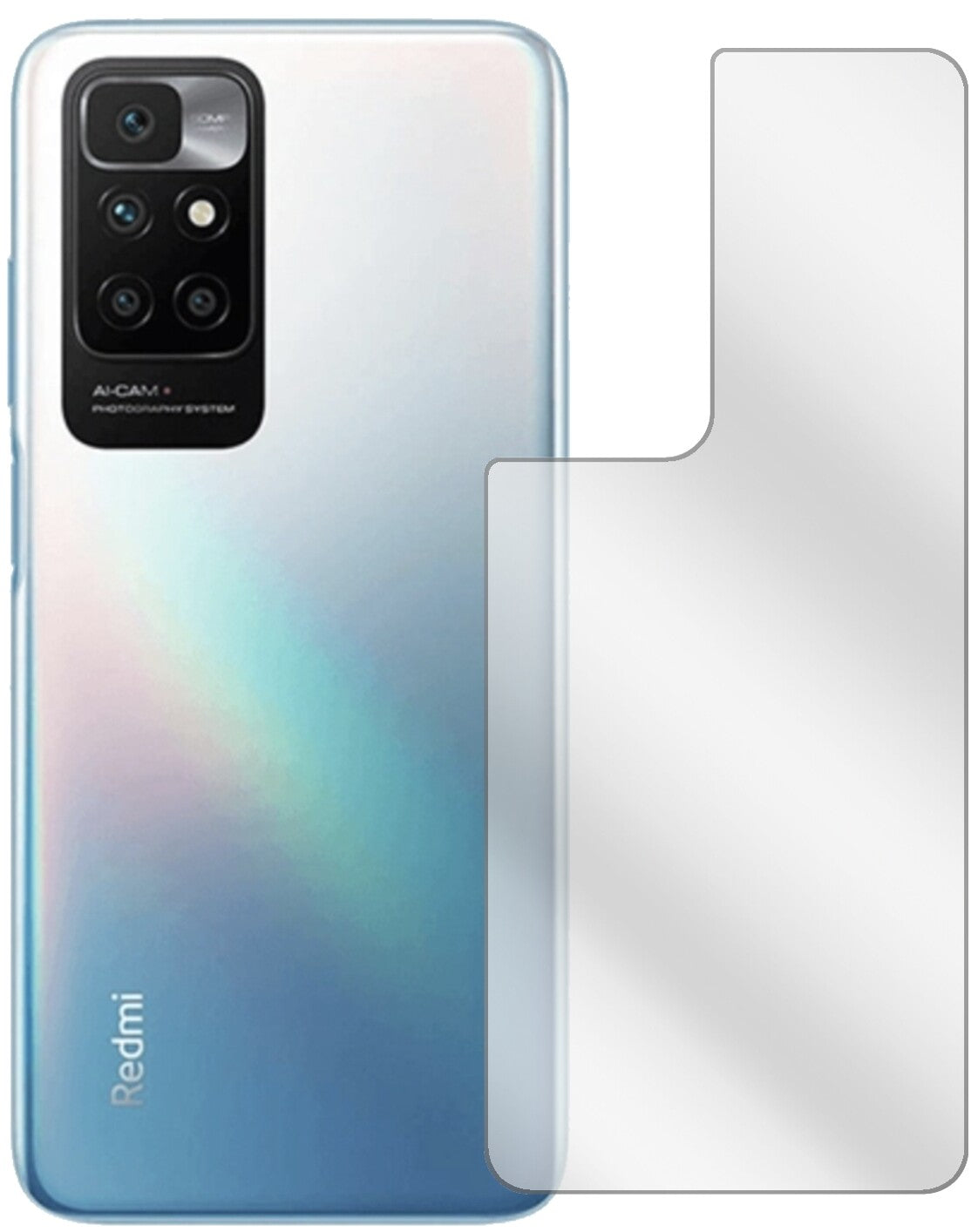XiaomiRedmi 10 Rückseite mit aufgebrachter dipos Displayschutzfolie, glasklare Darstellung ohne Einschränkungen