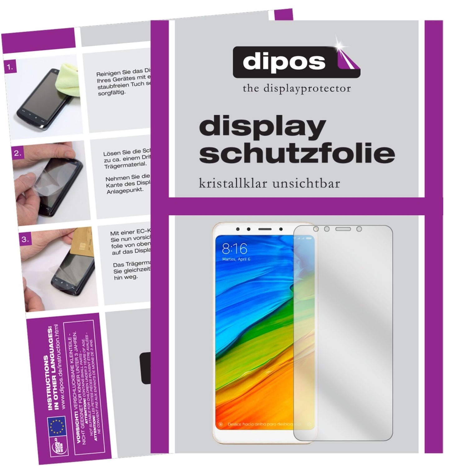 XiaomiRedmi 5 Plus mit aufgebrachter dipos Displayschutzfolie, glasklare Darstellung ohne Einschränkungen