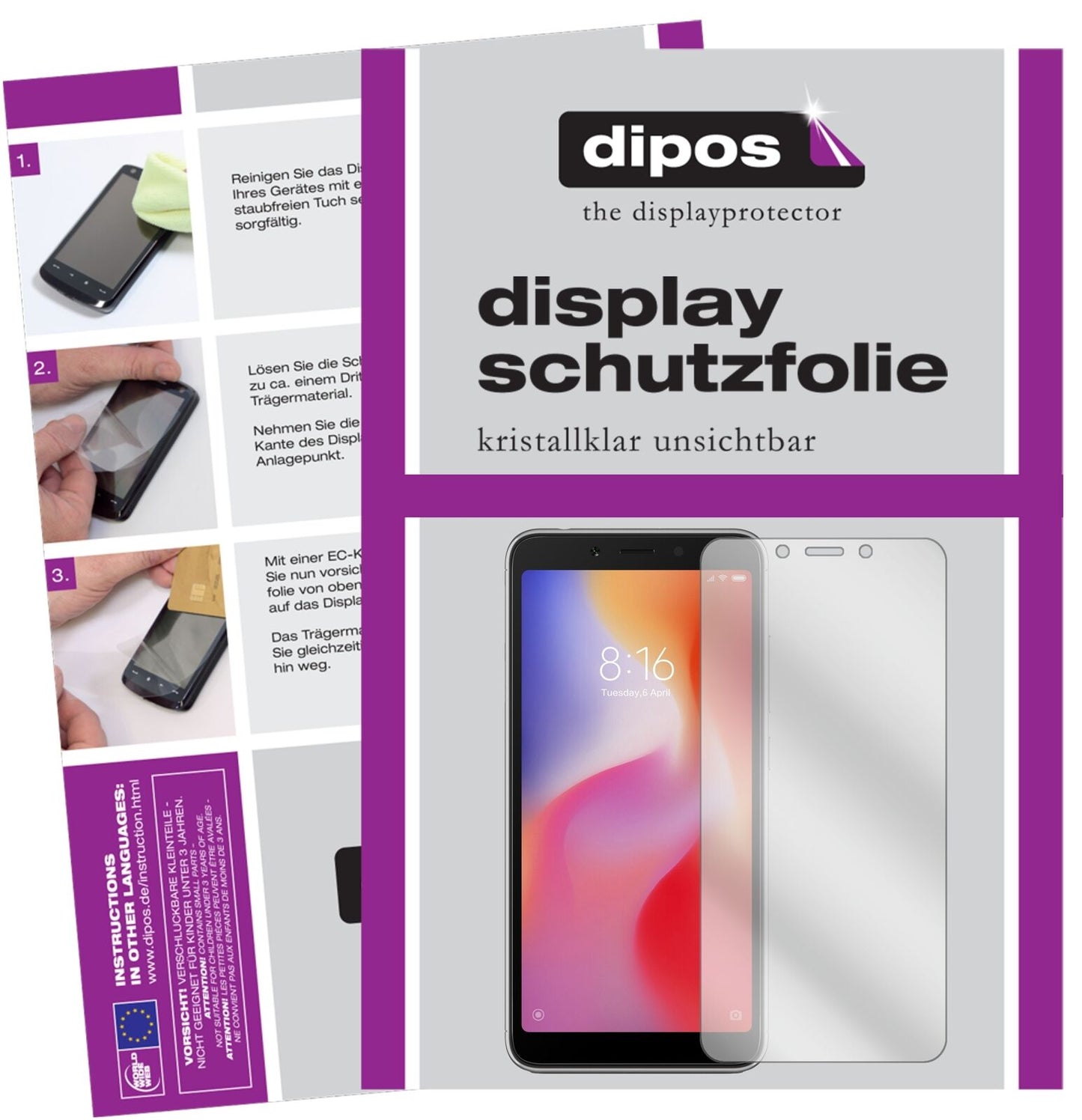 XiaomiRedmi 6A mit aufgebrachter dipos Displayschutzfolie, glasklare Darstellung ohne Einschränkungen