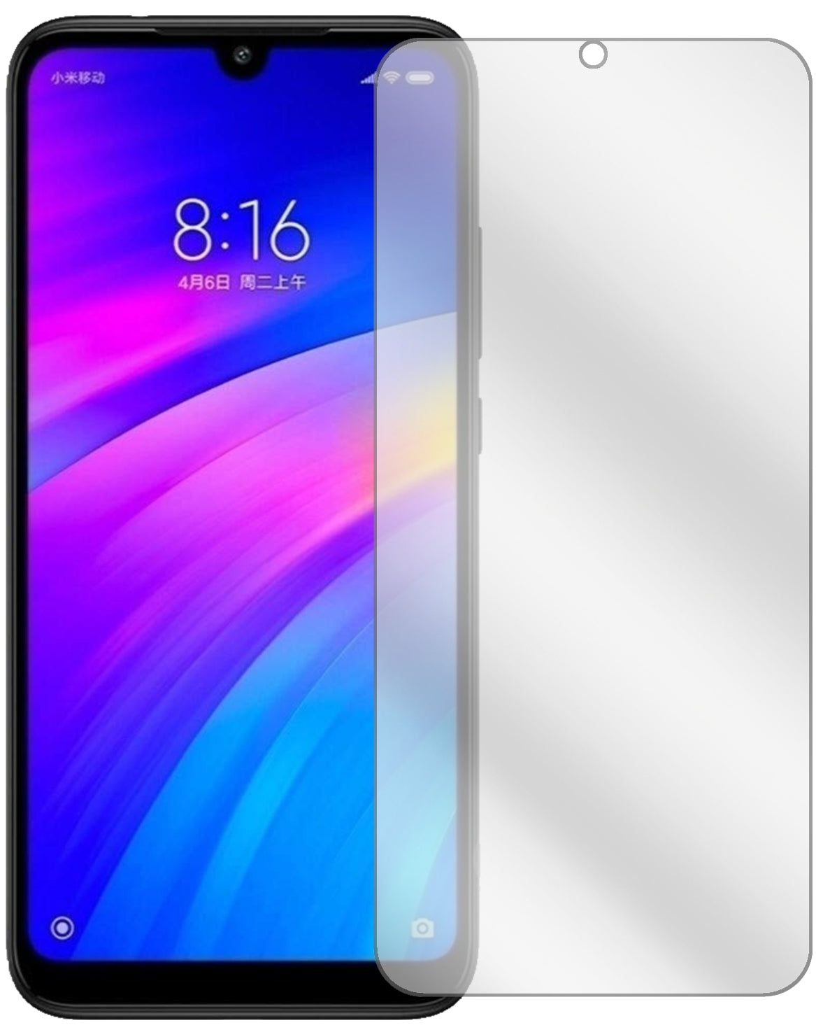 XiaomiRedmi 7 mit aufgebrachter dipos Displayschutzfolie, glasklare Darstellung ohne Einschränkungen