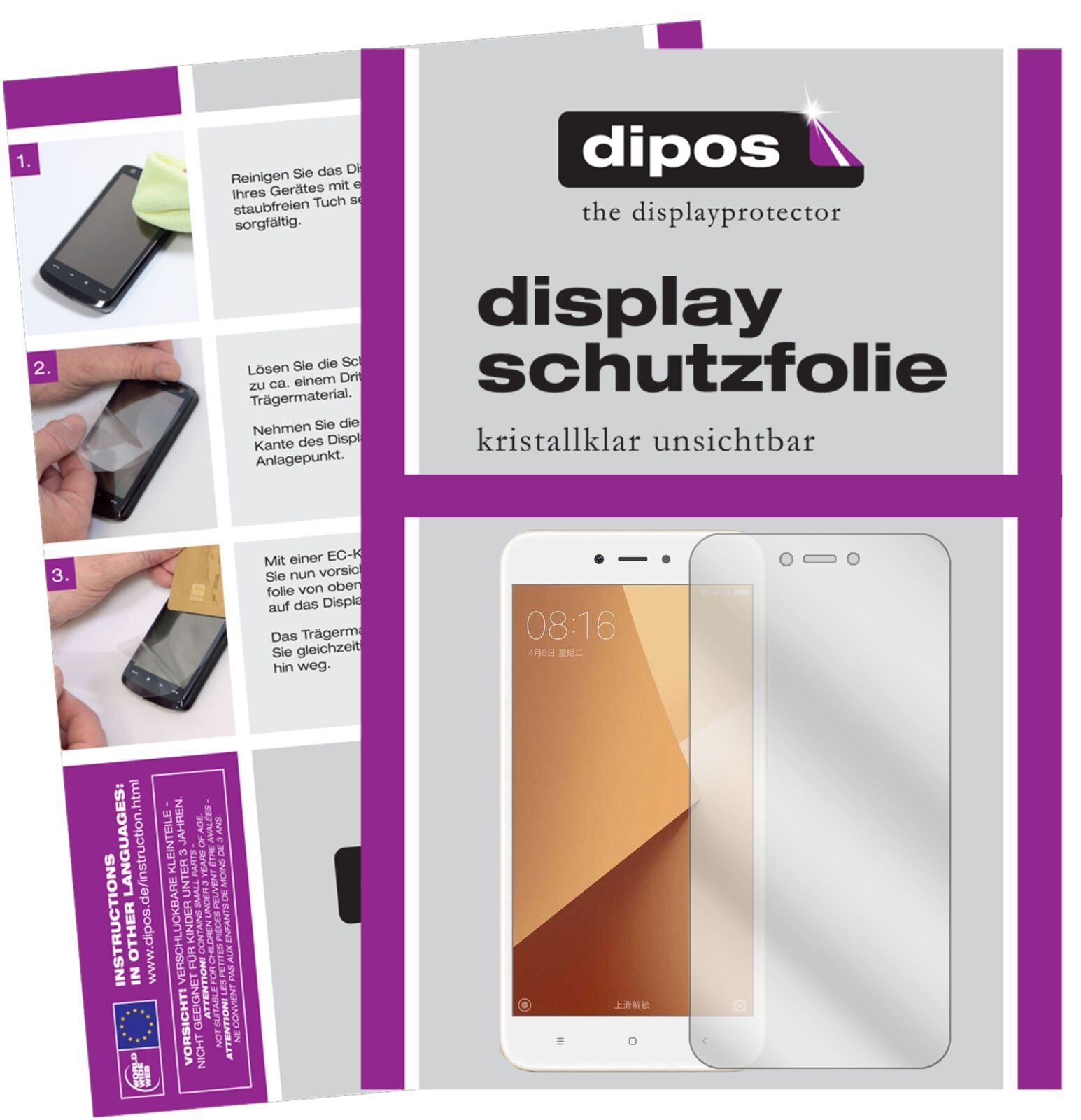 XiaomiRedmi Note 5A mit aufgebrachter dipos Displayschutzfolie, glasklare Darstellung ohne Einschränkungen