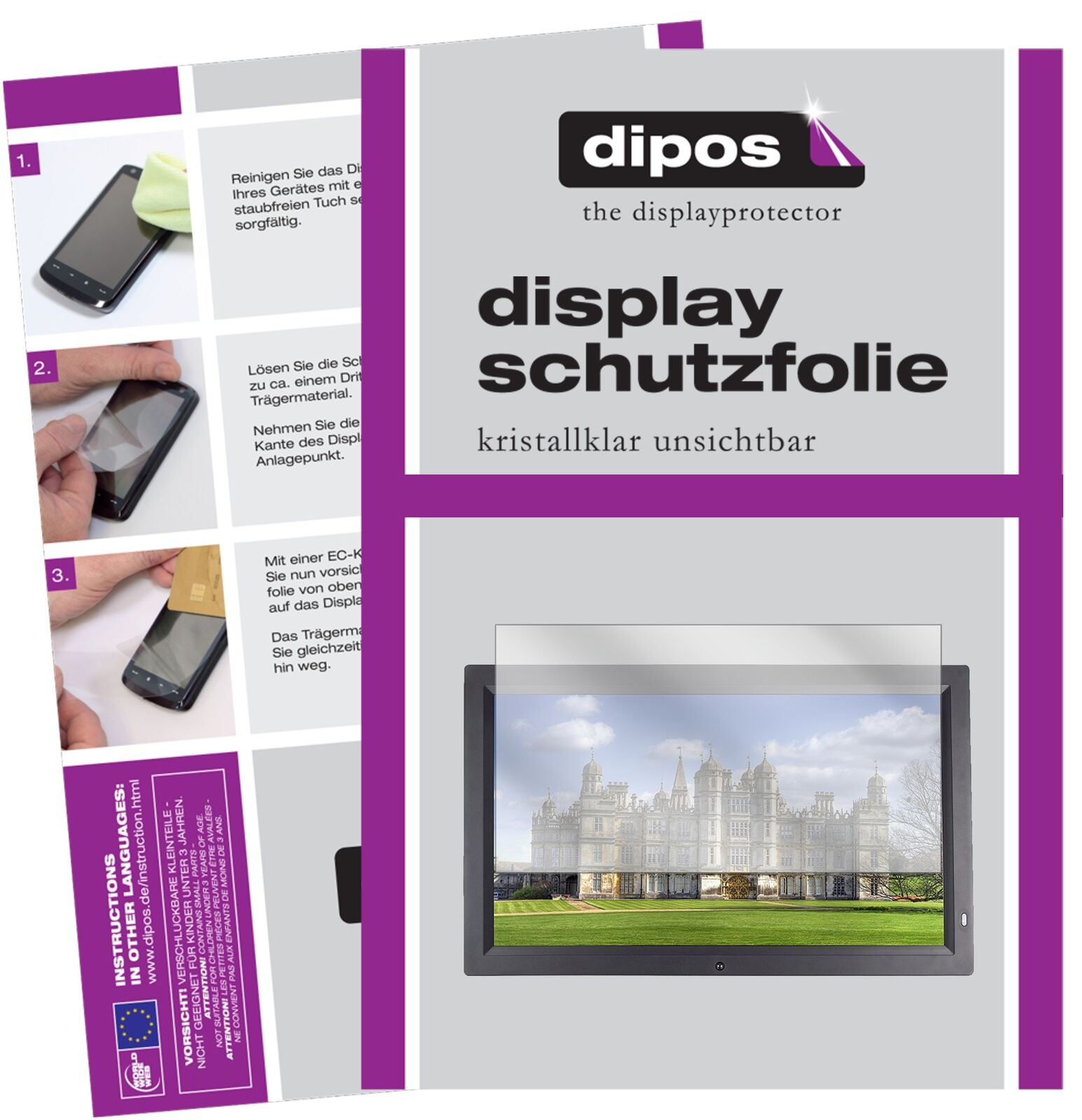 XoroDPF 21A2 mit aufgebrachter dipos Displayschutzfolie, glasklare Darstellung ohne Einschränkungen