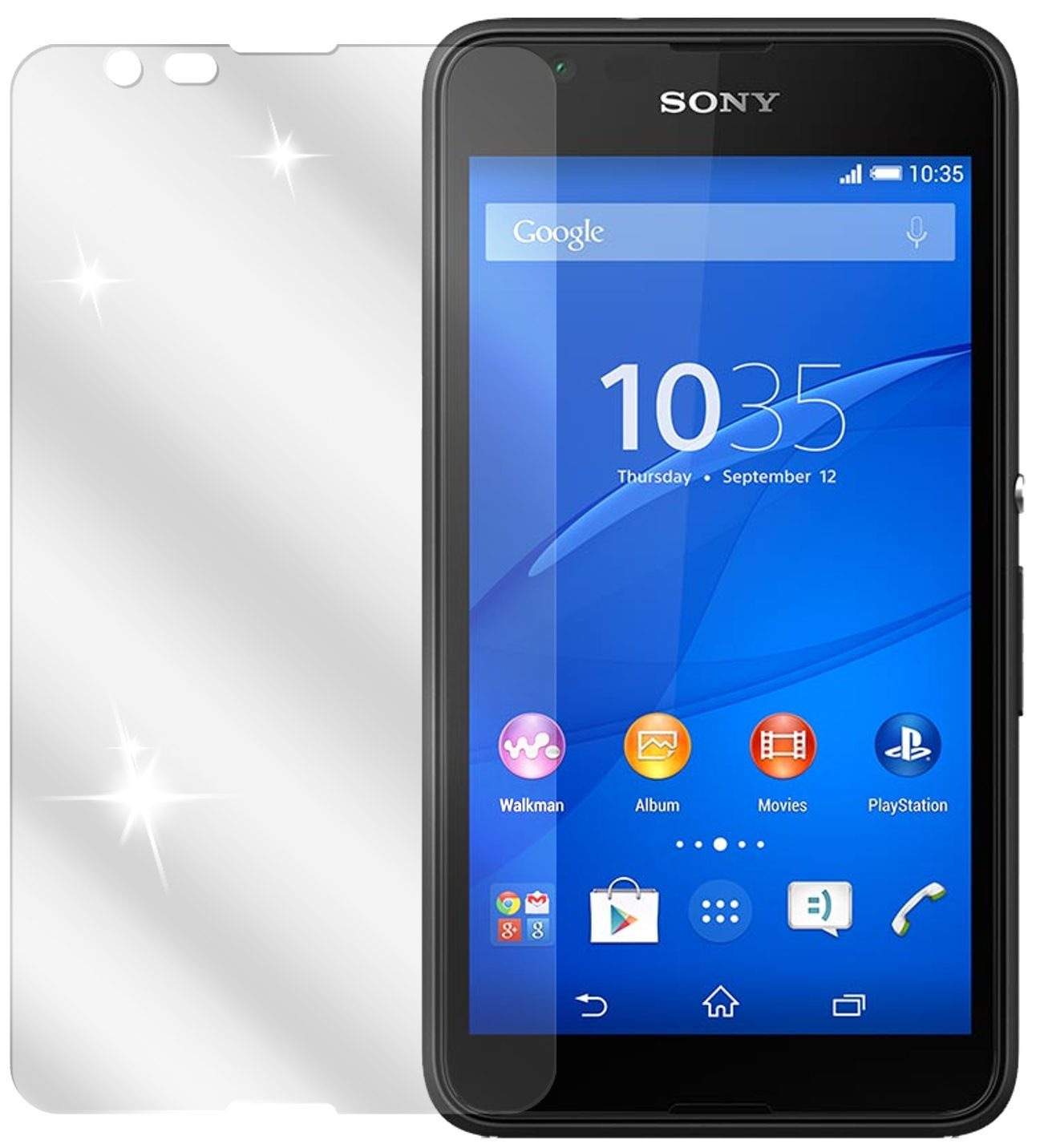 Xperia E4gSony mit aufgebrachter dipos Displayschutzfolie, glasklare Darstellung ohne Einschränkungen