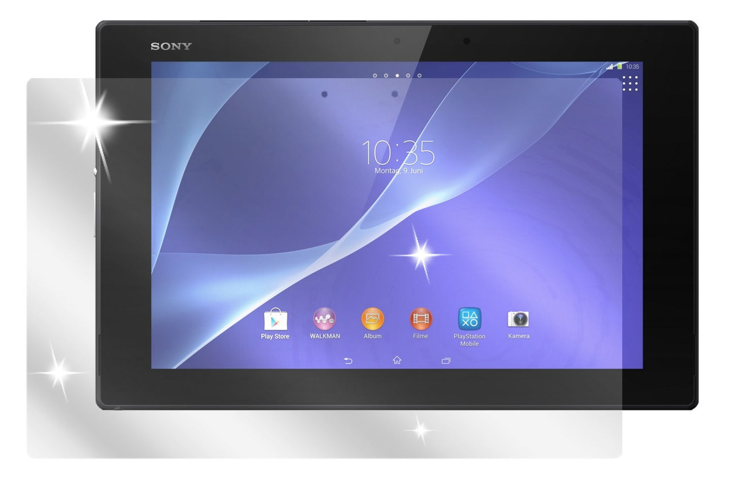 Xperia Tablet Z2Sony mit aufgebrachter dipos Displayschutzfolie, glasklare Darstellung ohne Einschränkungen