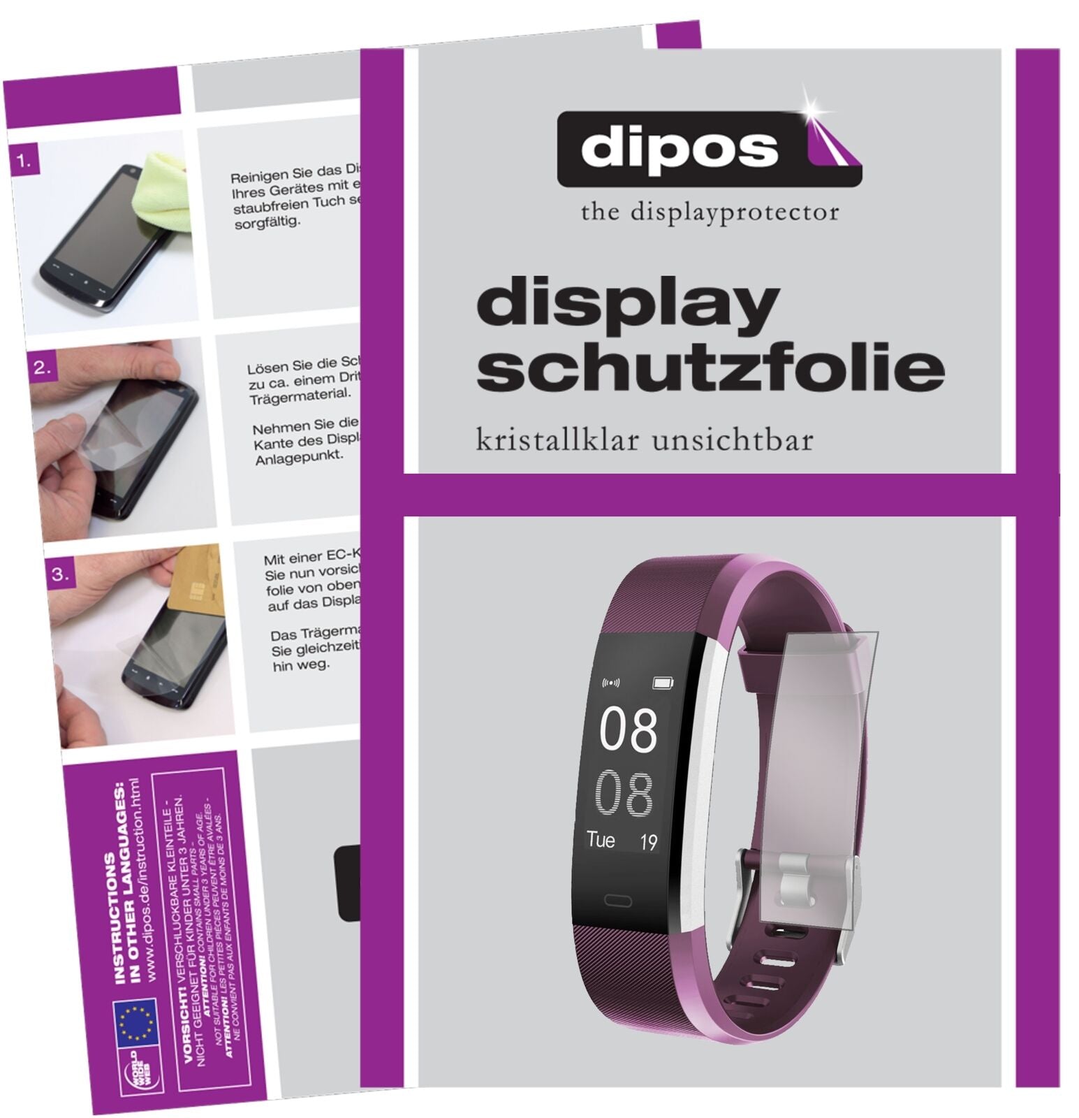 YamayFitness Armband SW333 mit aufgebrachter dipos Displayschutzfolie, glasklare Darstellung ohne Einschränkungen