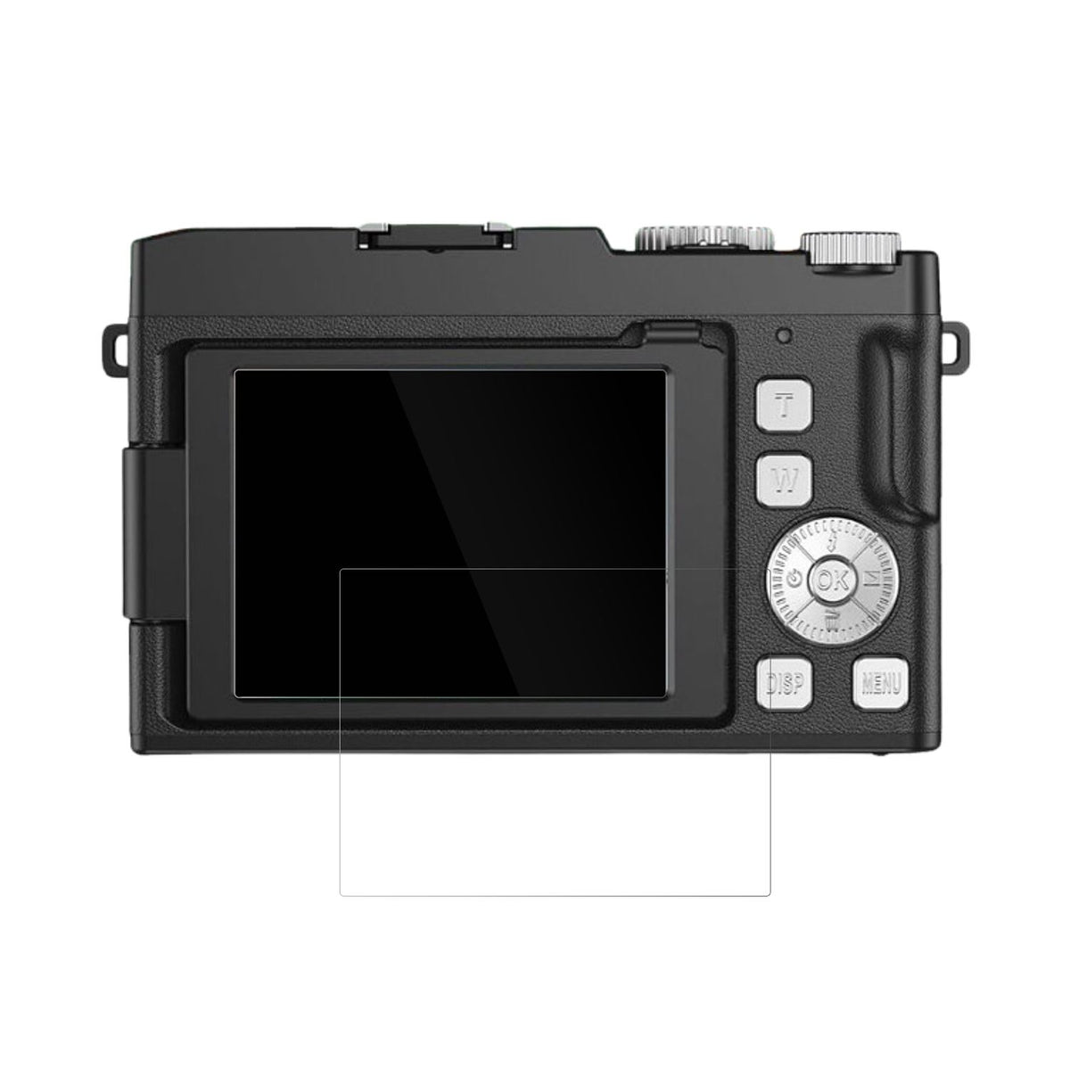 YiFuar075bk Digitalkamera mit aufgebrachter dipos Displayschutzfolie, glasklare Darstellung ohne Einschränkungen