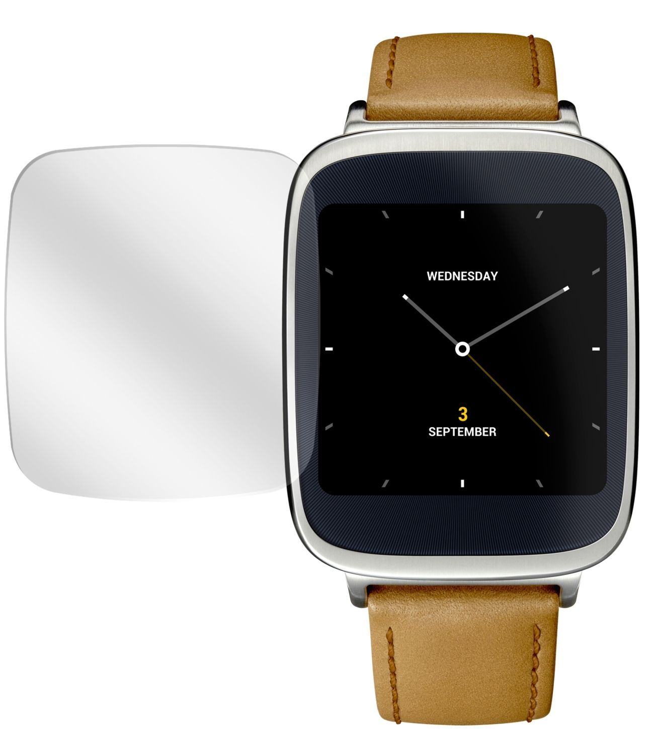 ZenWatchAsus mit aufgebrachter dipos Displayschutzfolie, glasklare Darstellung ohne Einschränkungen
