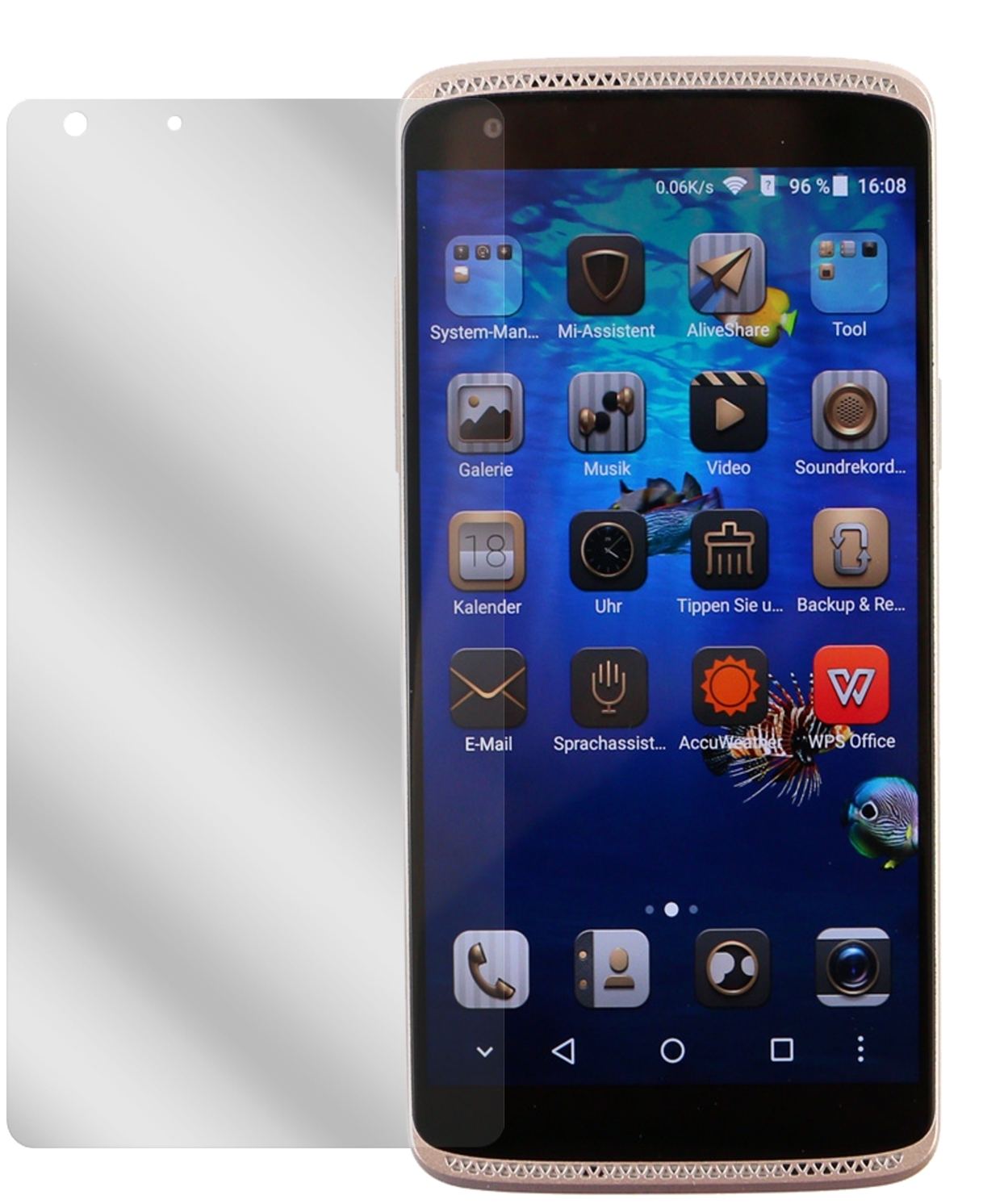 ZTEAxon Mini Premium Edition mit aufgebrachter dipos Displayschutzfolie, glasklare Darstellung ohne Einschränkungen
