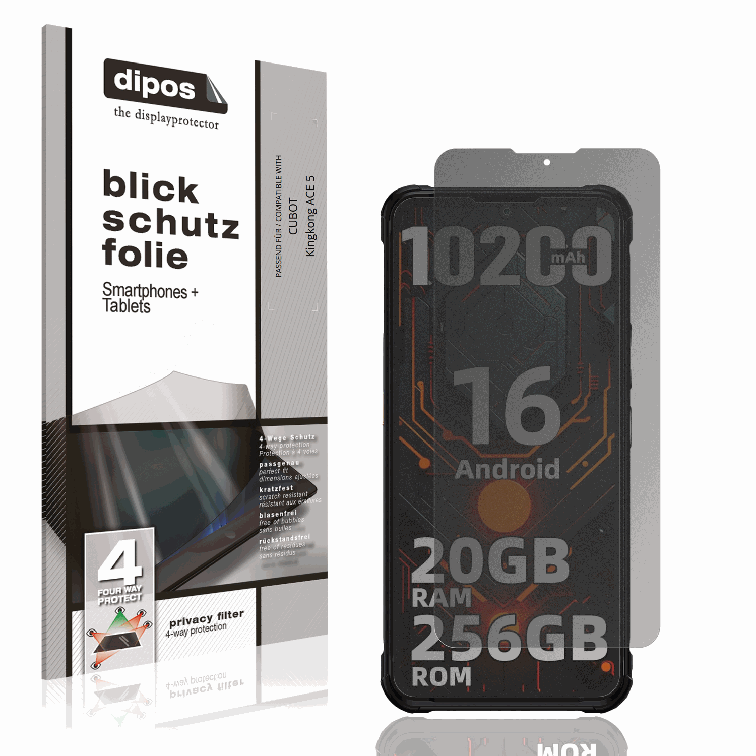 Blickschutzfolie von dipos passend für CUBOT Kingkong ACE 5, präziser Zuschnitt und blasenfrei montiert