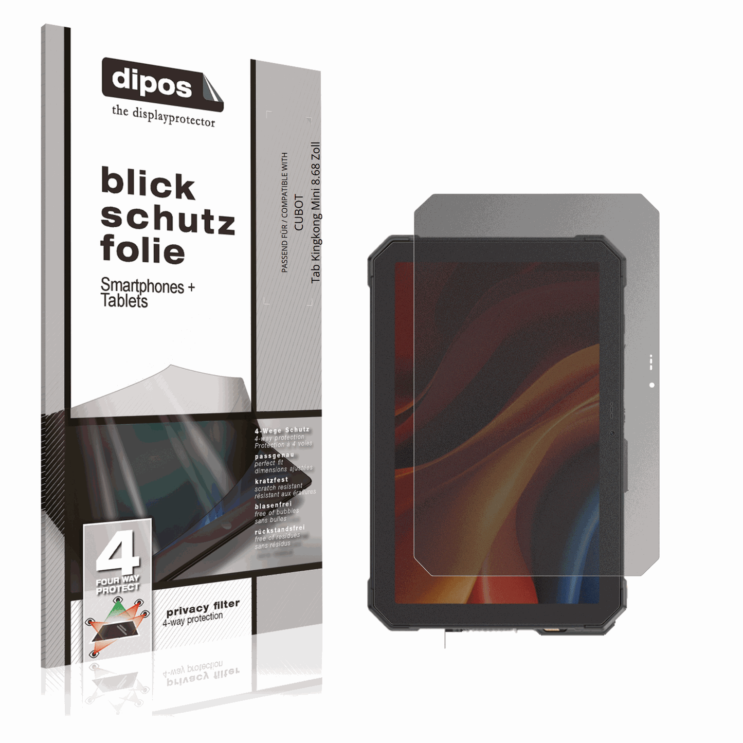 Blickschutzfolie von dipos passend für CUBOT Tab Kingkong Mini 8.68 Zoll, präziser Zuschnitt und blasenfrei montiert