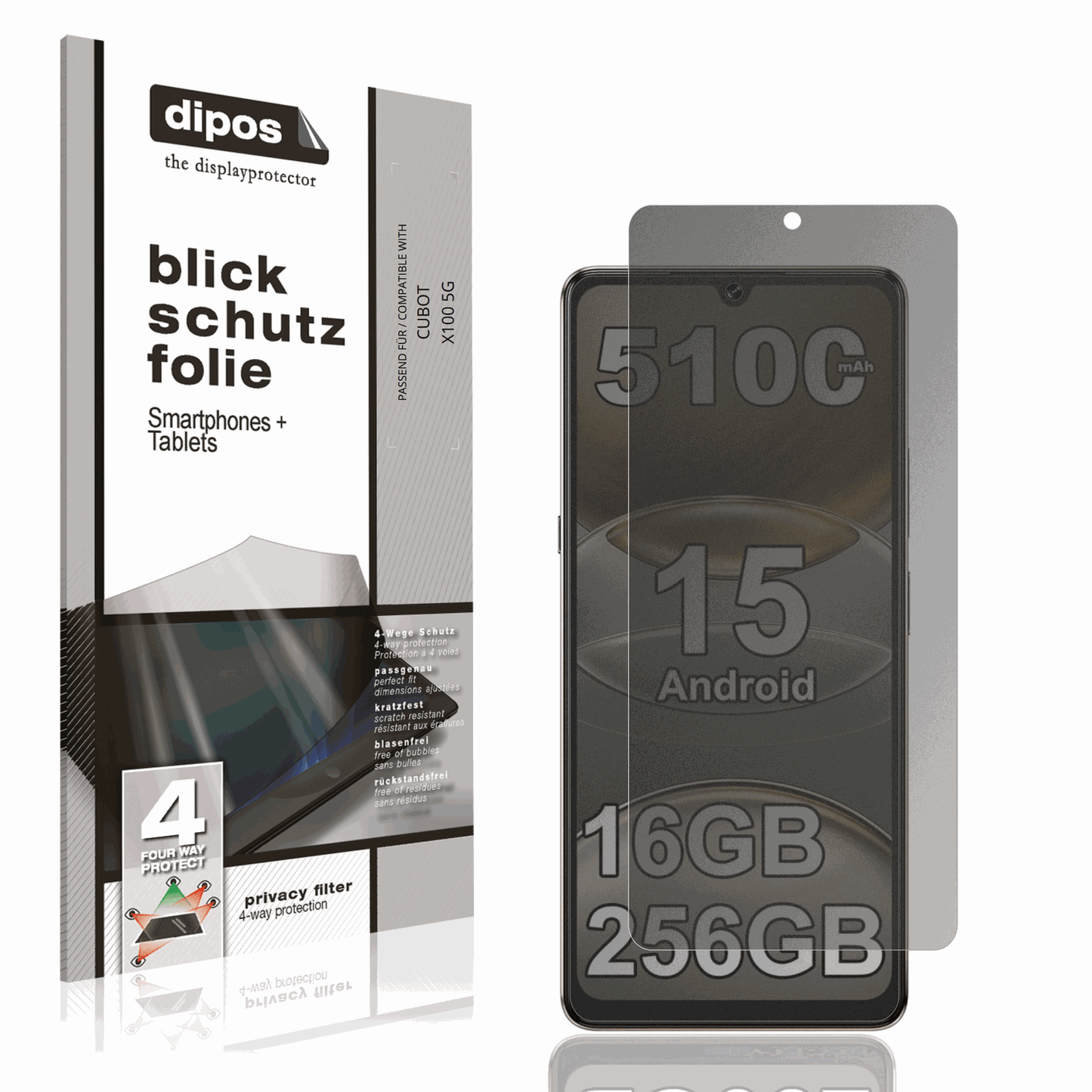 Blickschutzfolie von dipos passend für CUBOT X100 5G, präziser Zuschnitt und blasenfrei montiert