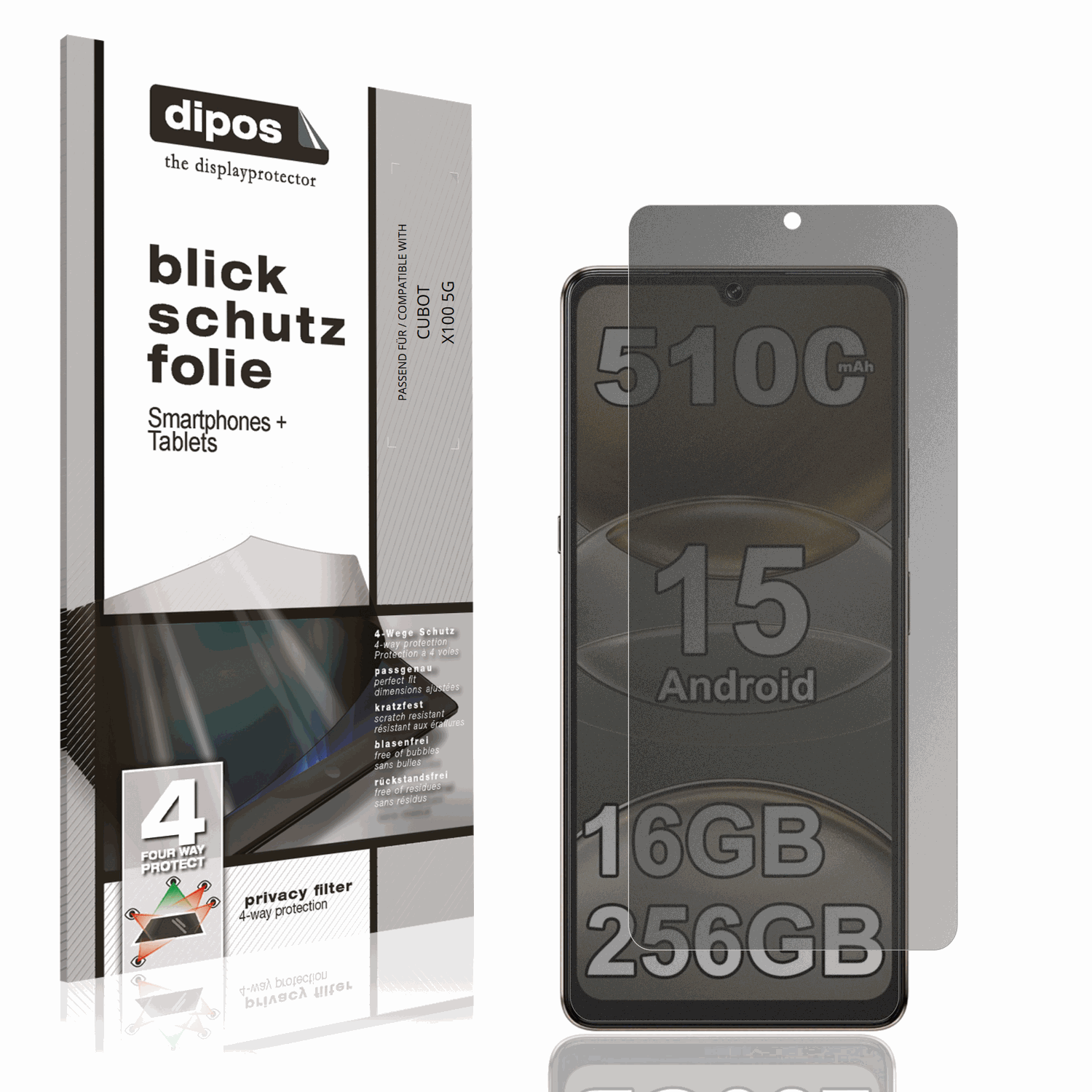 Blickschutzfolie von dipos passend für CUBOT X100 5G, präziser Zuschnitt und blasenfrei montiert