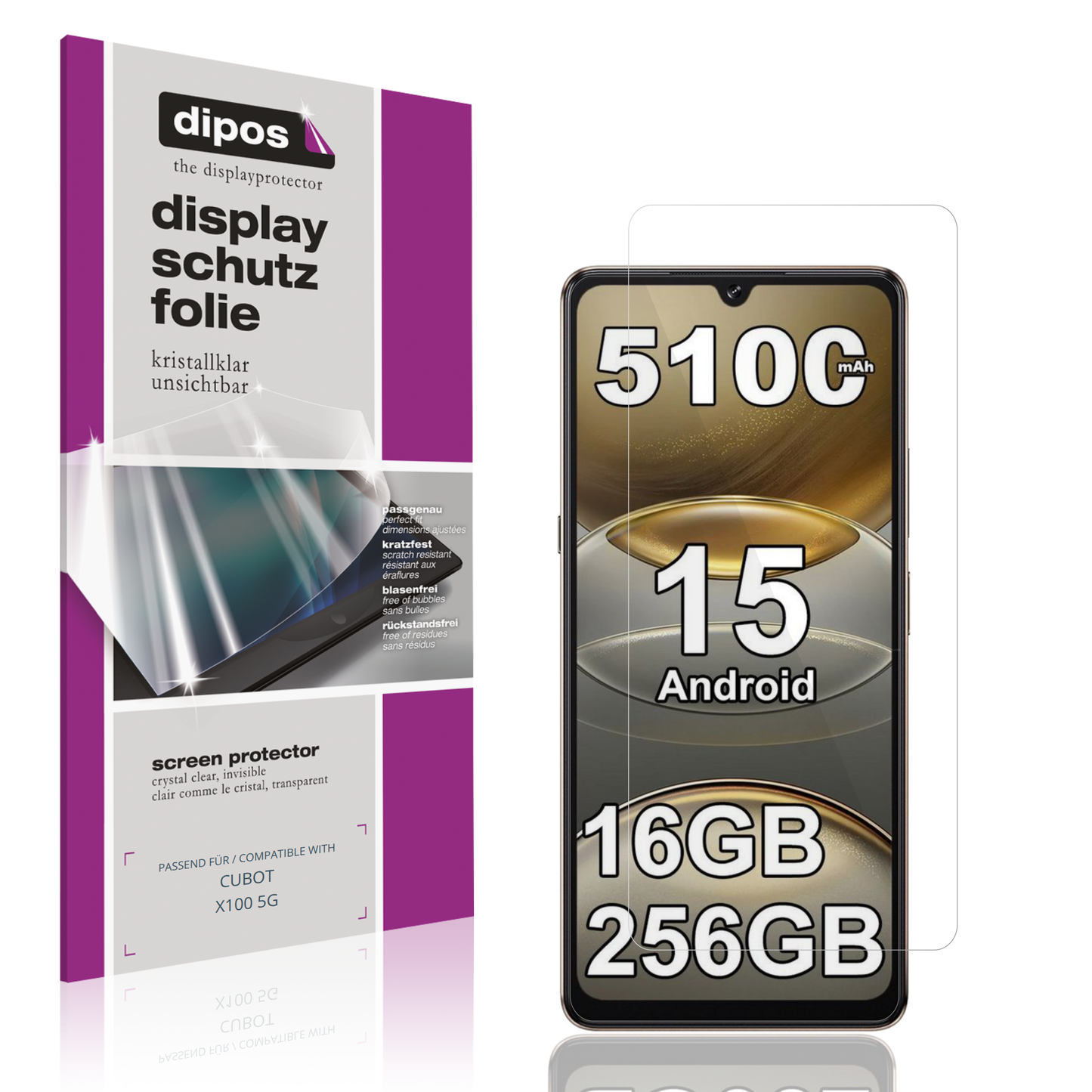 Klare Displayschutzfolie von dipos passend für CUBOT X100 5G, präziser Zuschnitt und blasenfrei montiert