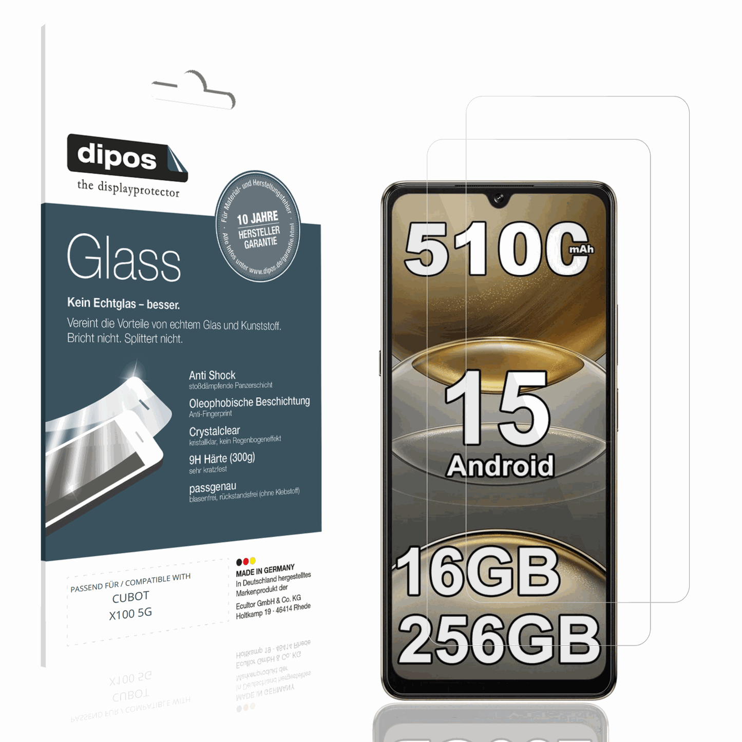 Klare Displayschutzfolie von dipos passend für CUBOT X100 5G, 9H kratzfest und blasenfrei montiert