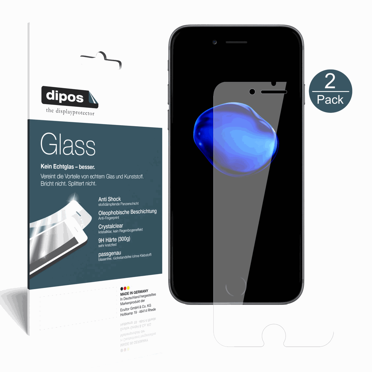 2x 9H Clear Screen Protector for Apple iPhone 7 – Shatterproof, Crystal Clear | dipos
