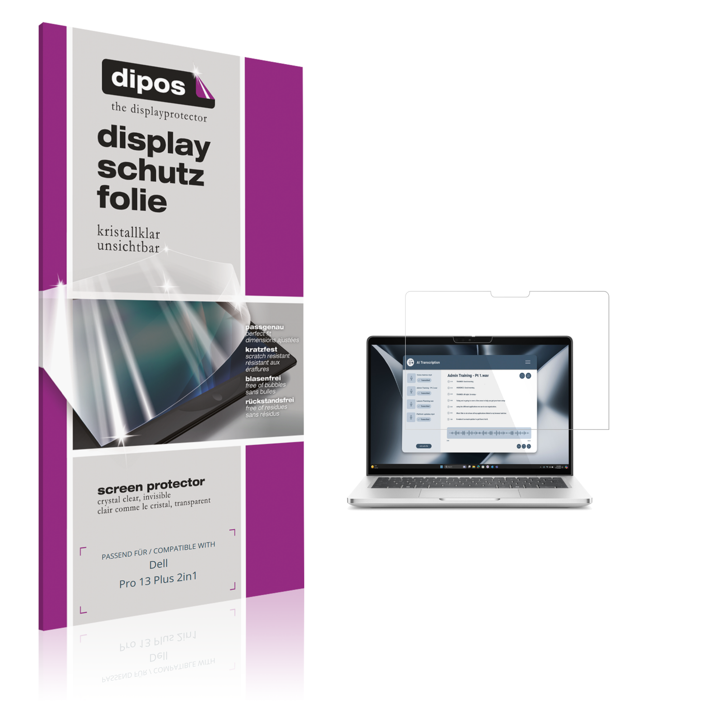 Klare Displayschutzfolie von dipos passend für Dell Pro 13 Plus 2in1, präziser Zuschnitt und blasenfrei montiert