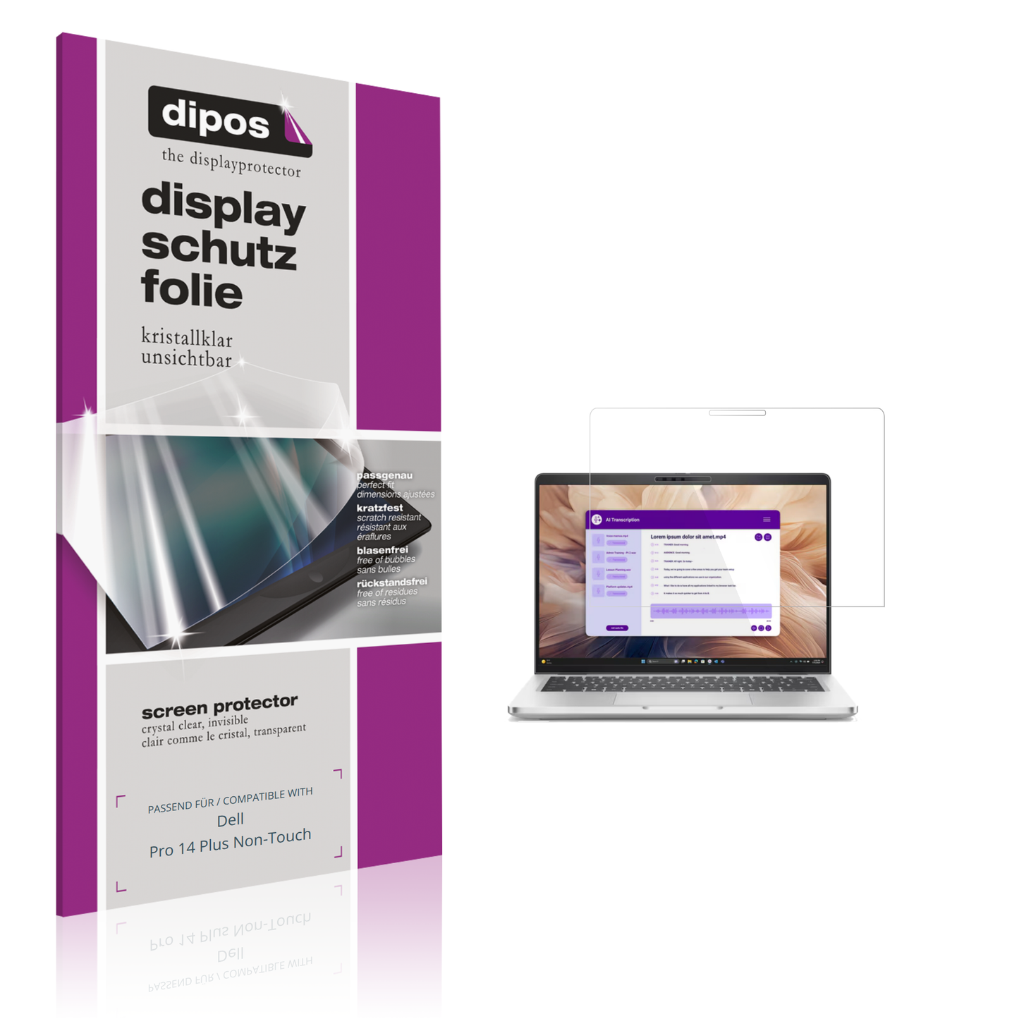 Klare Displayschutzfolie von dipos passend für Dell Pro 14 Plus Non-Touch, präziser Zuschnitt und blasenfrei montiert