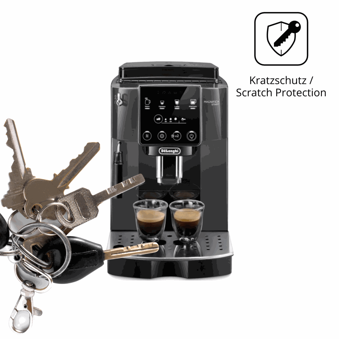 Schutz gegen Kratzer auf dem De Longhi Magnifica Start ECAM 220.22.GB Glas durch Schlüssel oder Ähnliches