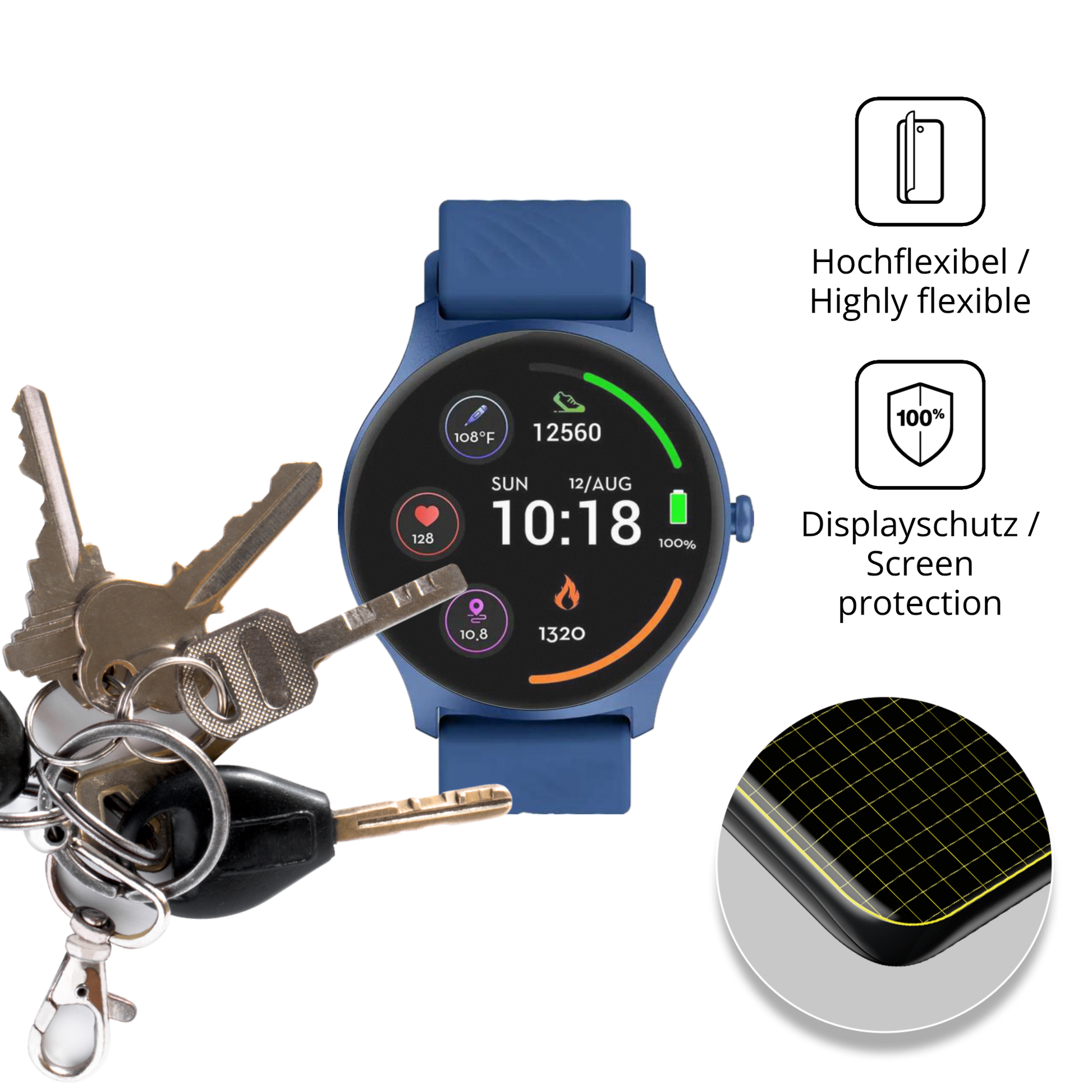 dipos Displayschutz für Denver SWC-387 1.43 Zoll, transparente Oberfläche, perfekte Passform auch für die Rundungen