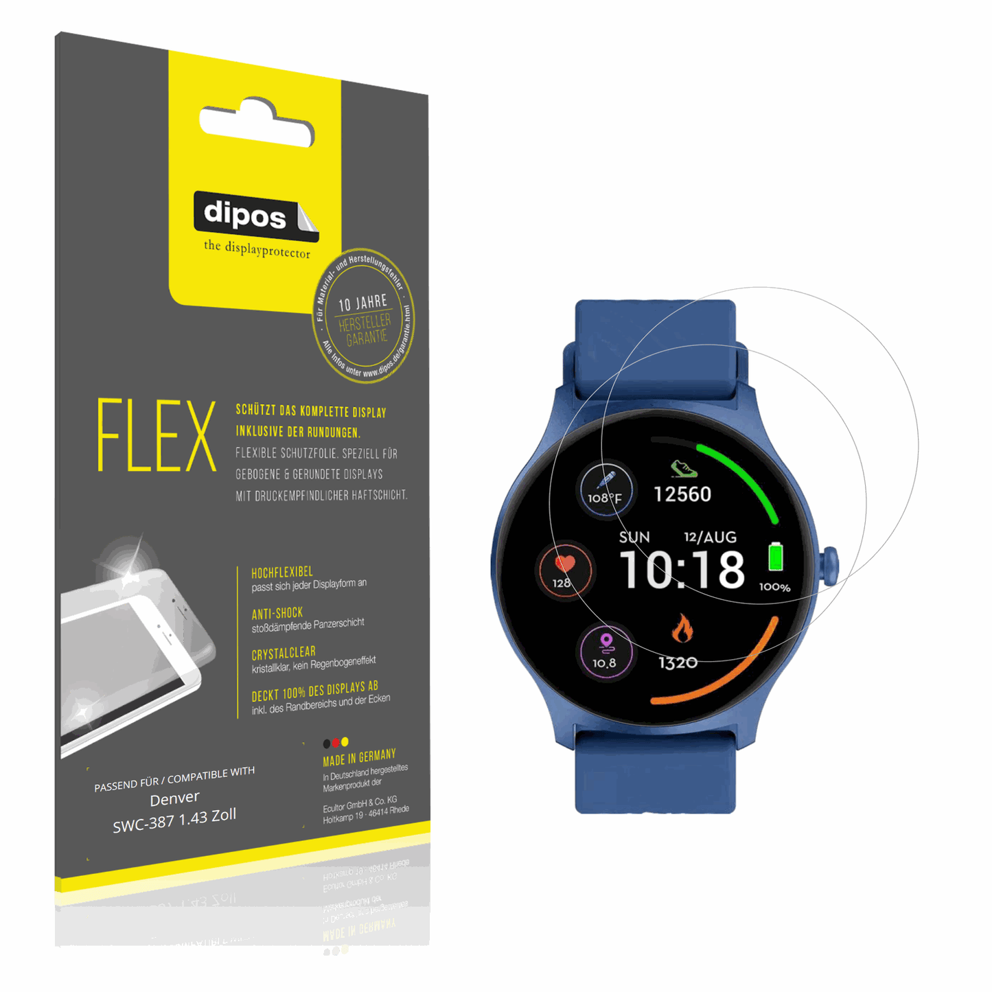 Klare Displayschutzfolie von dipos passend für Denver SWC-387 1.43 Zoll, 100% Displayabdeckung und blasenfreie Montage