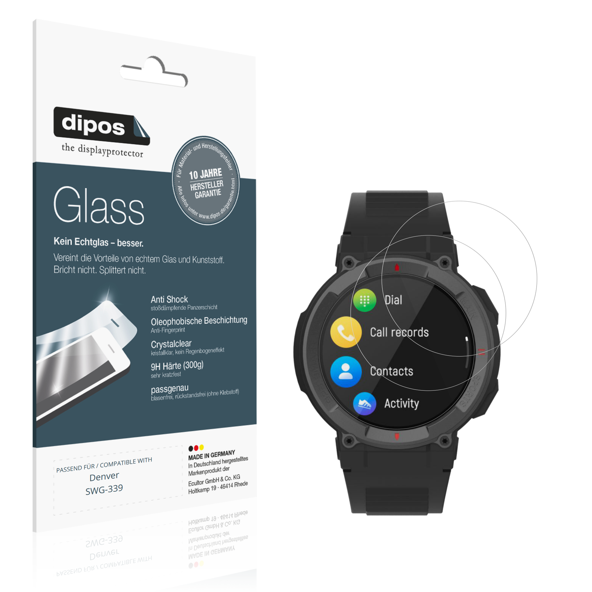 Klare Displayschutzfolie von dipos passend für Denver SWG-339, 9H kratzfest und blasenfrei montiert