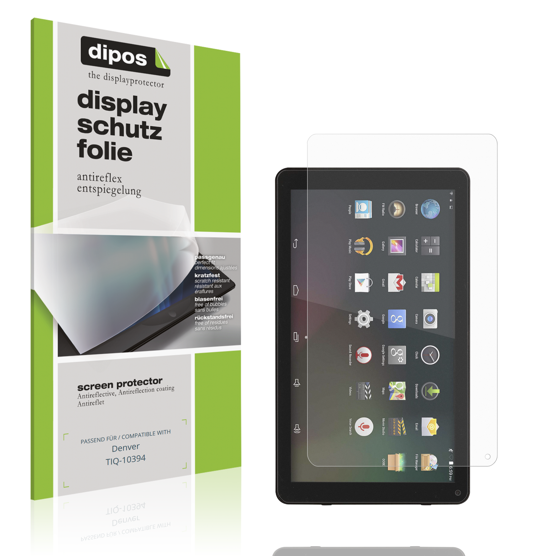Matte Displayschutzfolie von dipos passend für Denver TIQ-10394, präziser Zuschnitt und blasenfrei montiert