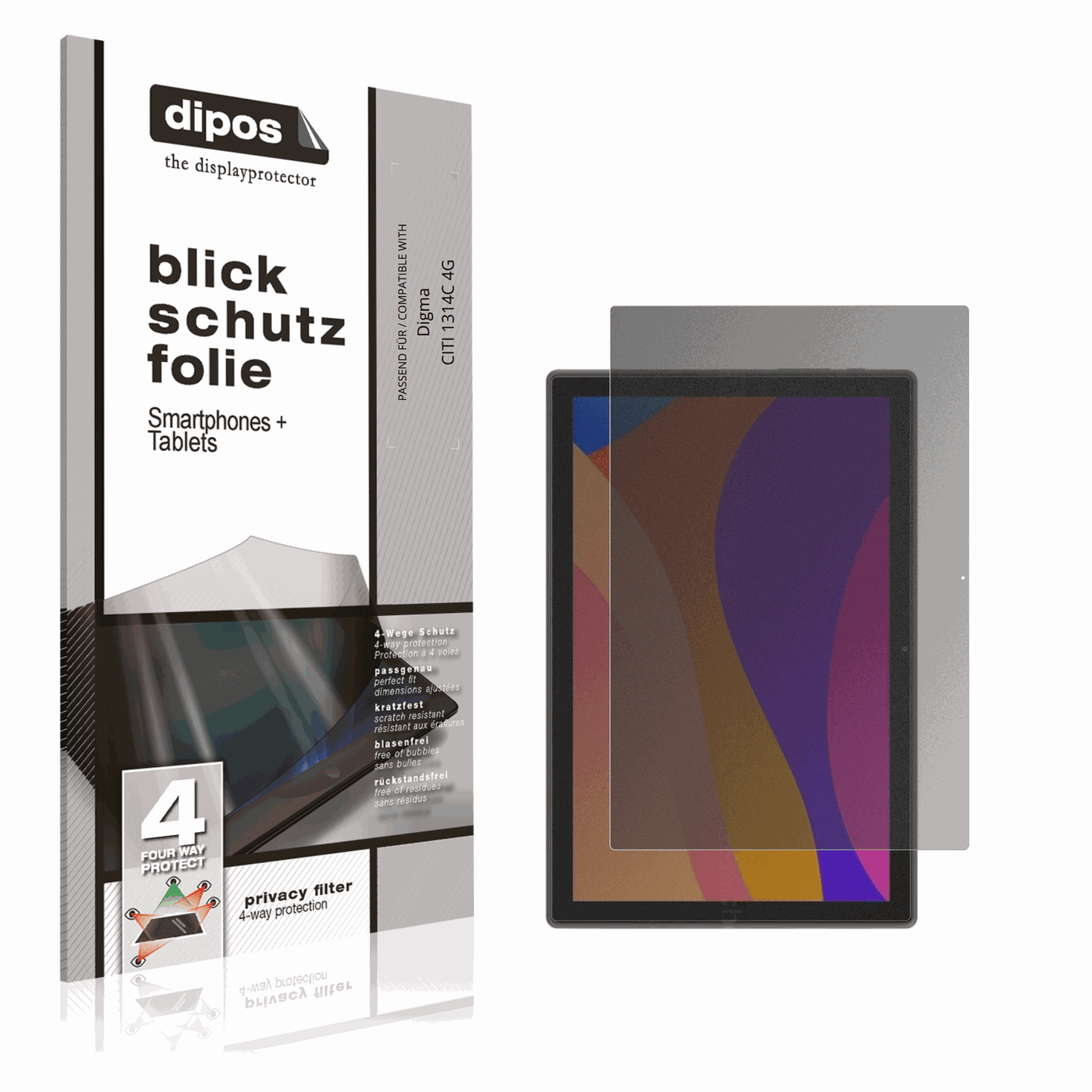 Blickschutzfolie von dipos passend für Digma CITI 1314C 4G, präziser Zuschnitt und blasenfrei montiert