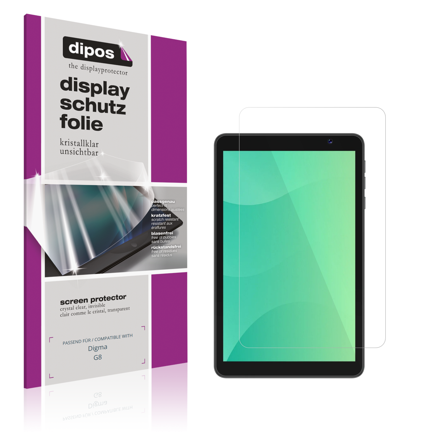 Klare Displayschutzfolie von dipos passend für Digma G8, präziser Zuschnitt und blasenfrei montiert