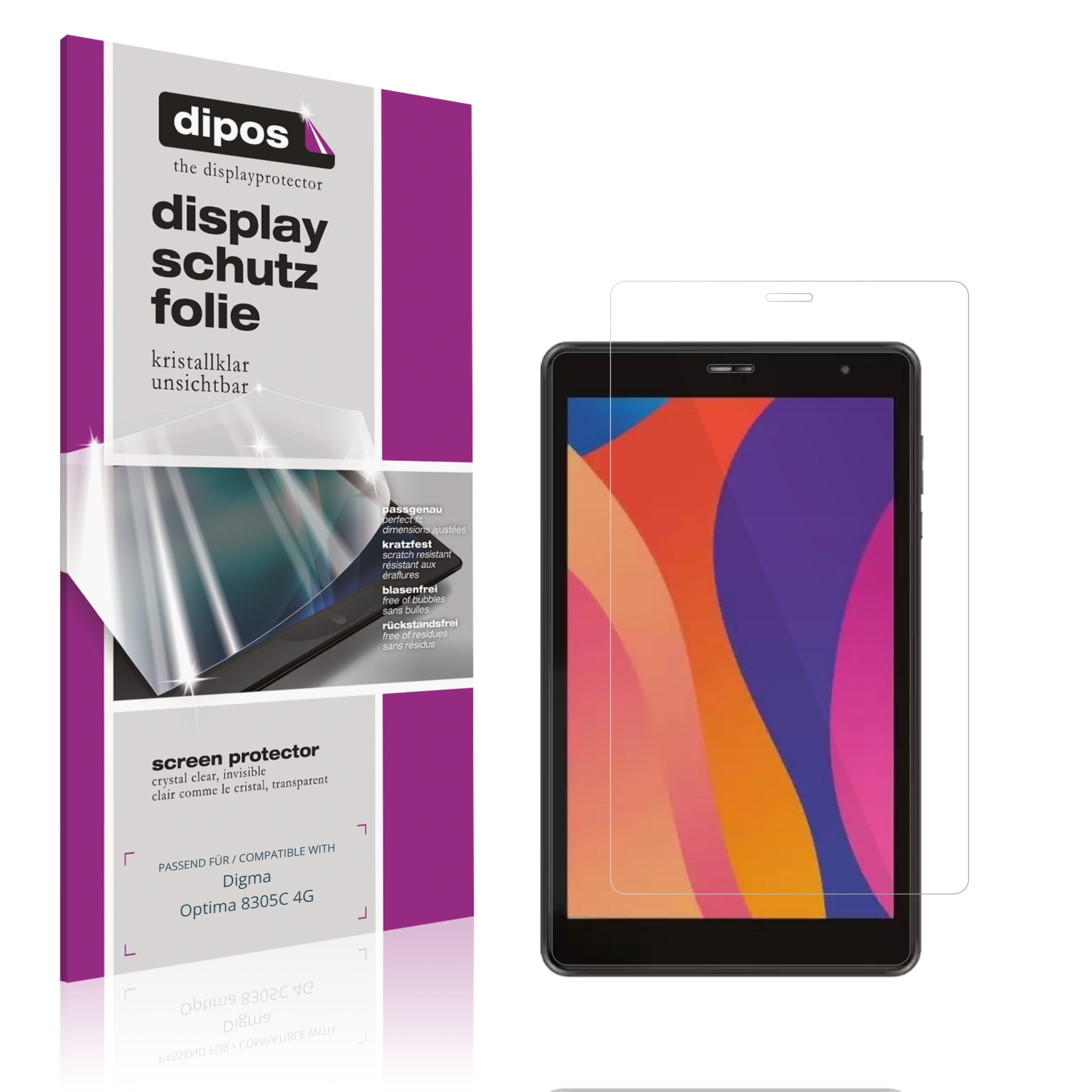 Klare Displayschutzfolie von dipos passend für Digma Optima 8305C 4G, präziser Zuschnitt und blasenfrei montiert