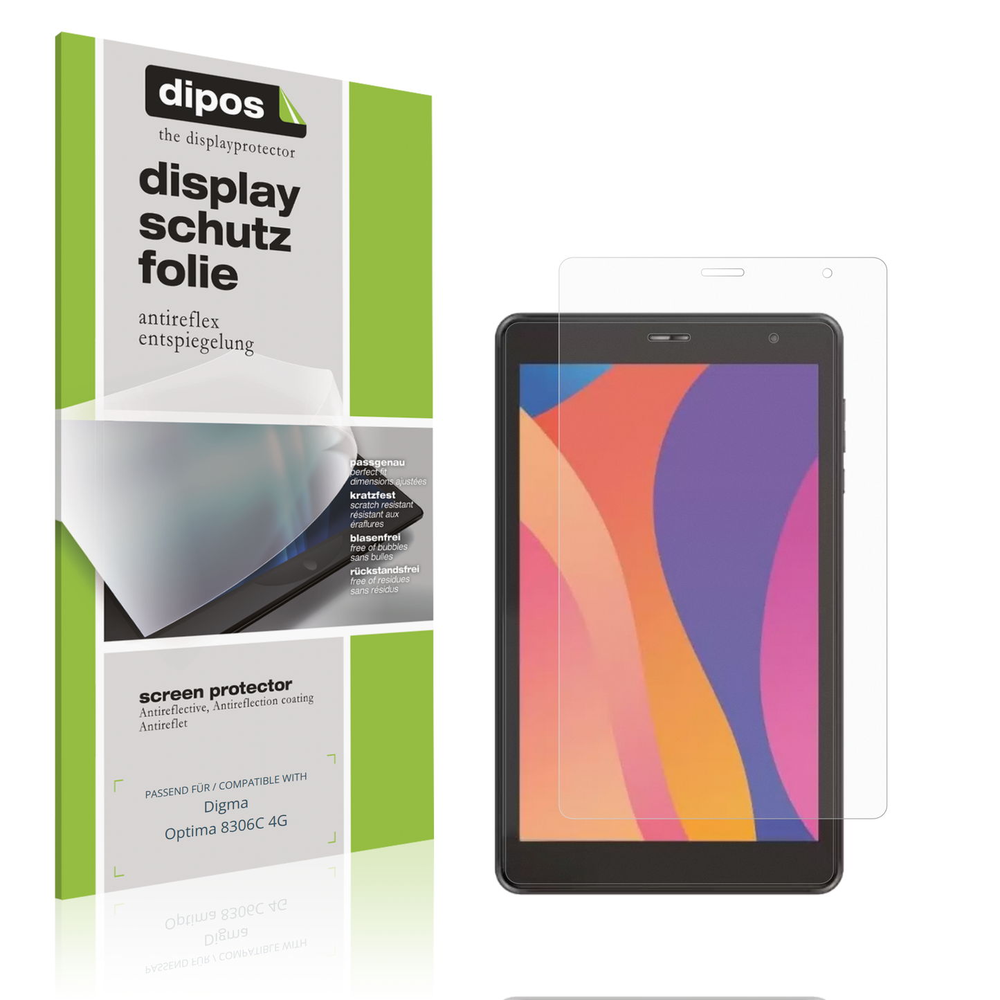 Matte Displayschutzfolie von dipos passend für Digma Optima 8306C 4G, präziser Zuschnitt und blasenfrei montiert