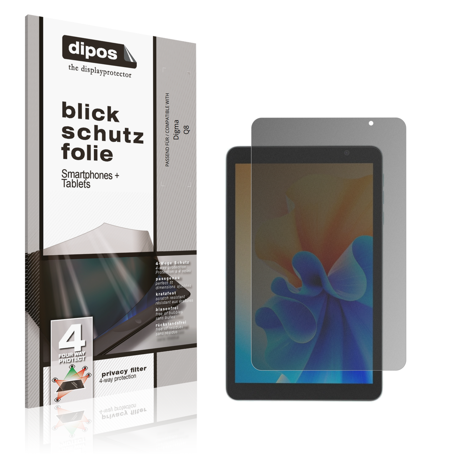Blickschutzfolie von dipos passend für Digma Q8, präziser Zuschnitt und blasenfrei montiert