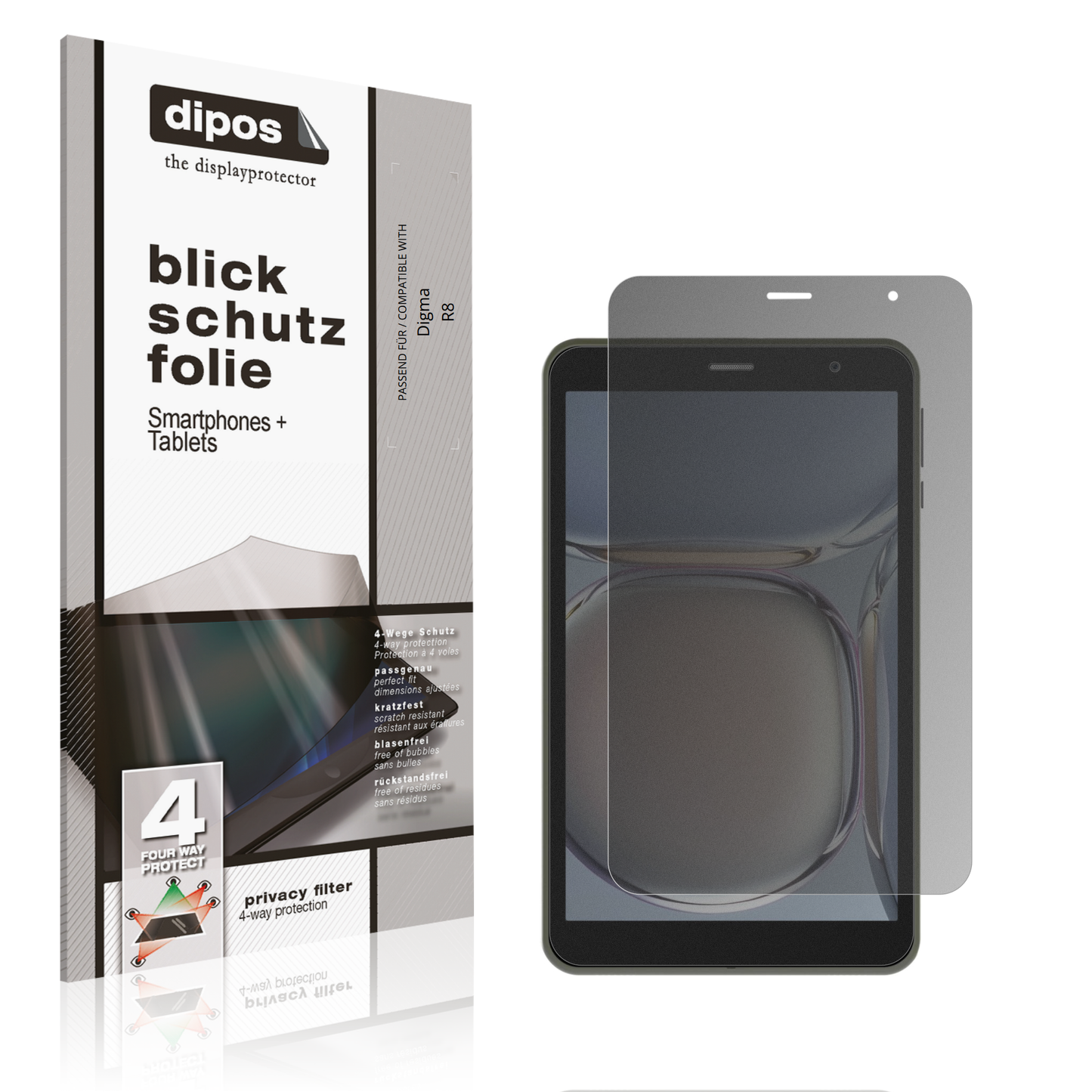 Blickschutzfolie von dipos passend für Digma R8, präziser Zuschnitt und blasenfrei montiert