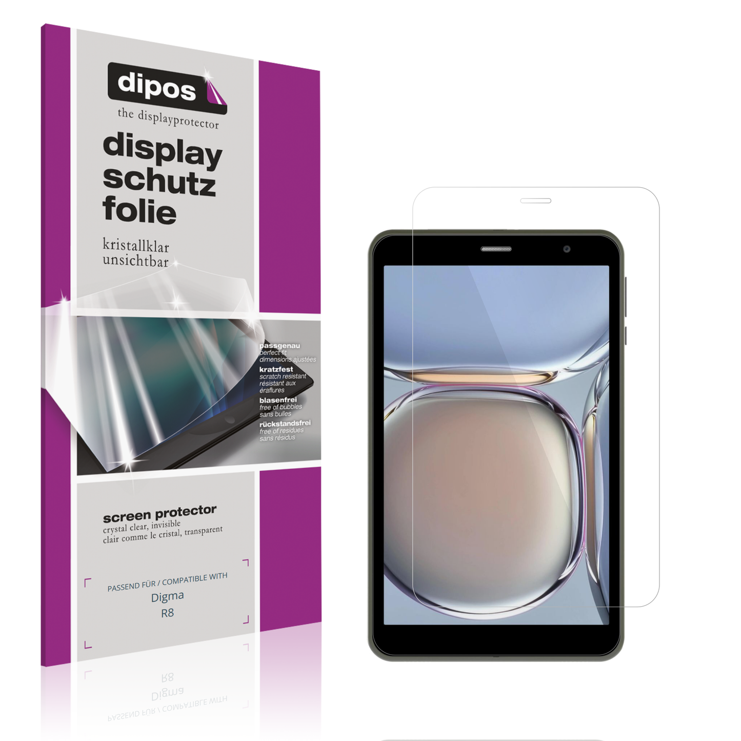 Klare Displayschutzfolie von dipos passend für Digma R8, präziser Zuschnitt und blasenfrei montiert