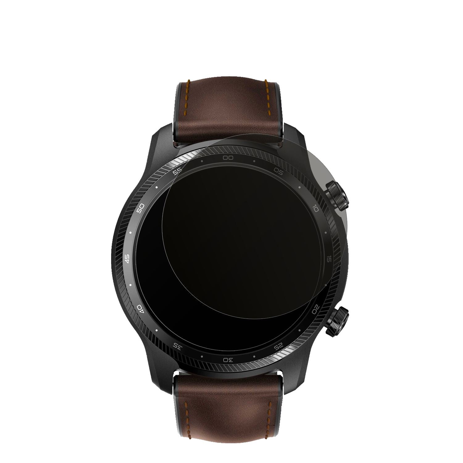 TicwatchPro 3 Ultra mit aufgebrachtem dipos Displayschutz, der seitliche Einblicke blockiert