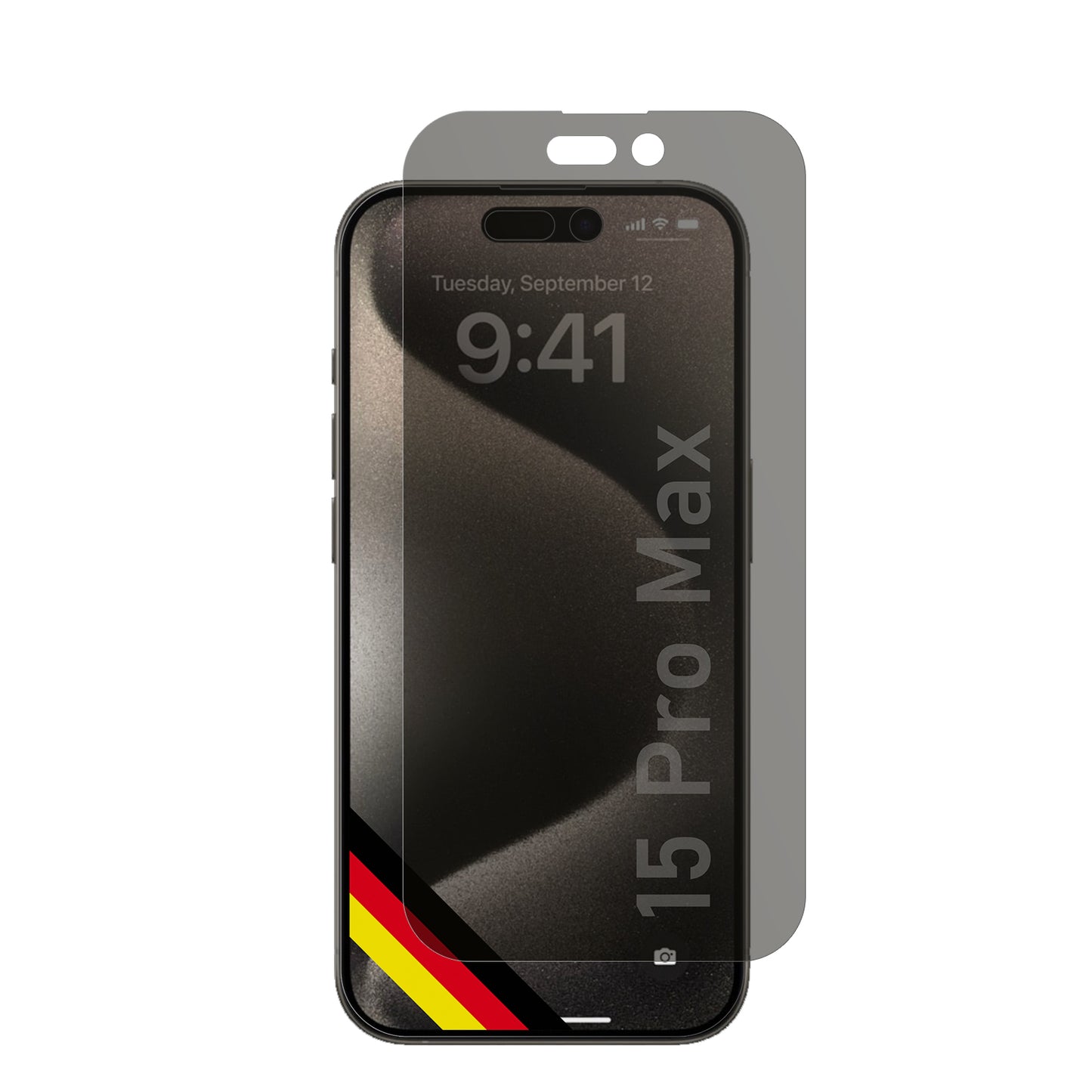 AppleiPhone 15 Pro Max mit aufgebrachtem dipos Displayschutz, der seitliche Einblicke blockiert