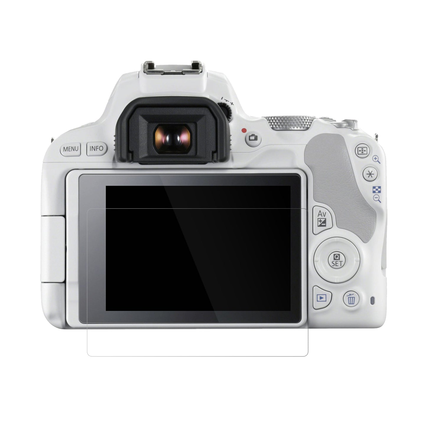 Canon200D mit aufgebrachter dipos Displayschutzfolie, glasklare Darstellung ohne Einschränkungen