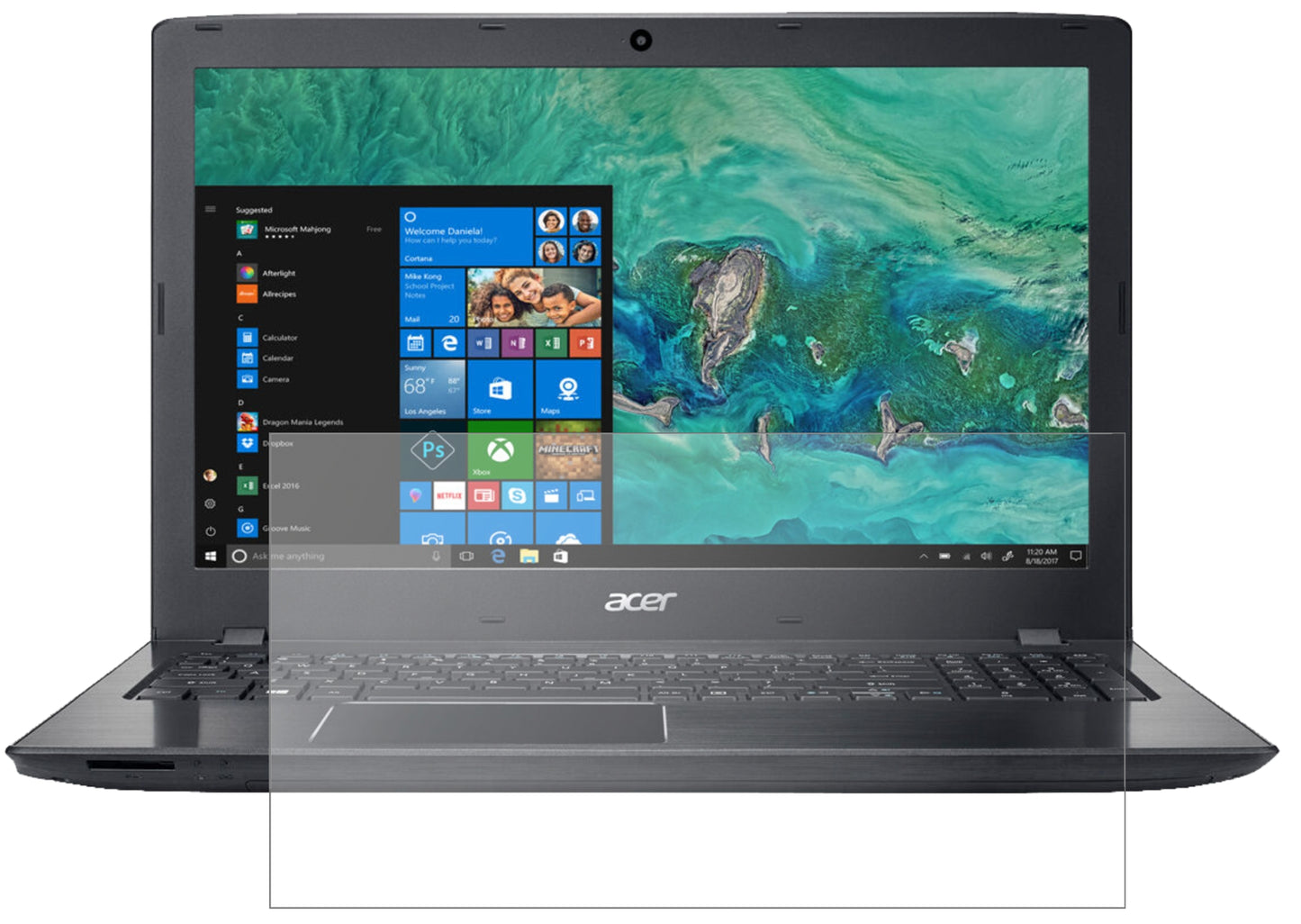 AcerAspire E 15 Start mit aufgebrachter dipos Panzerfolie, die lästige Fingerabdrücke minimiert