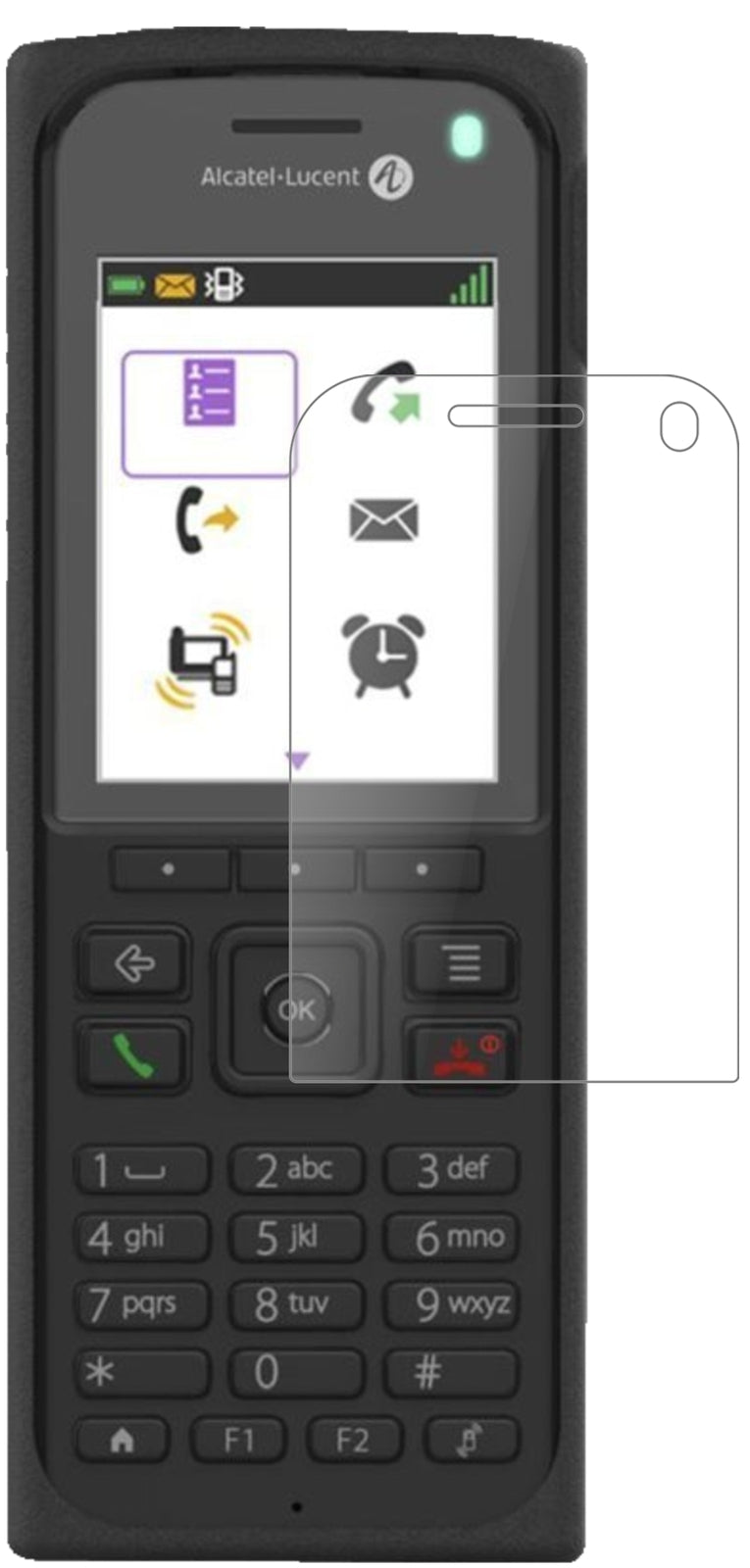 Alcatel8262EX mit aufgebrachter dipos Panzerfolie, die lästige Fingerabdrücke minimiert