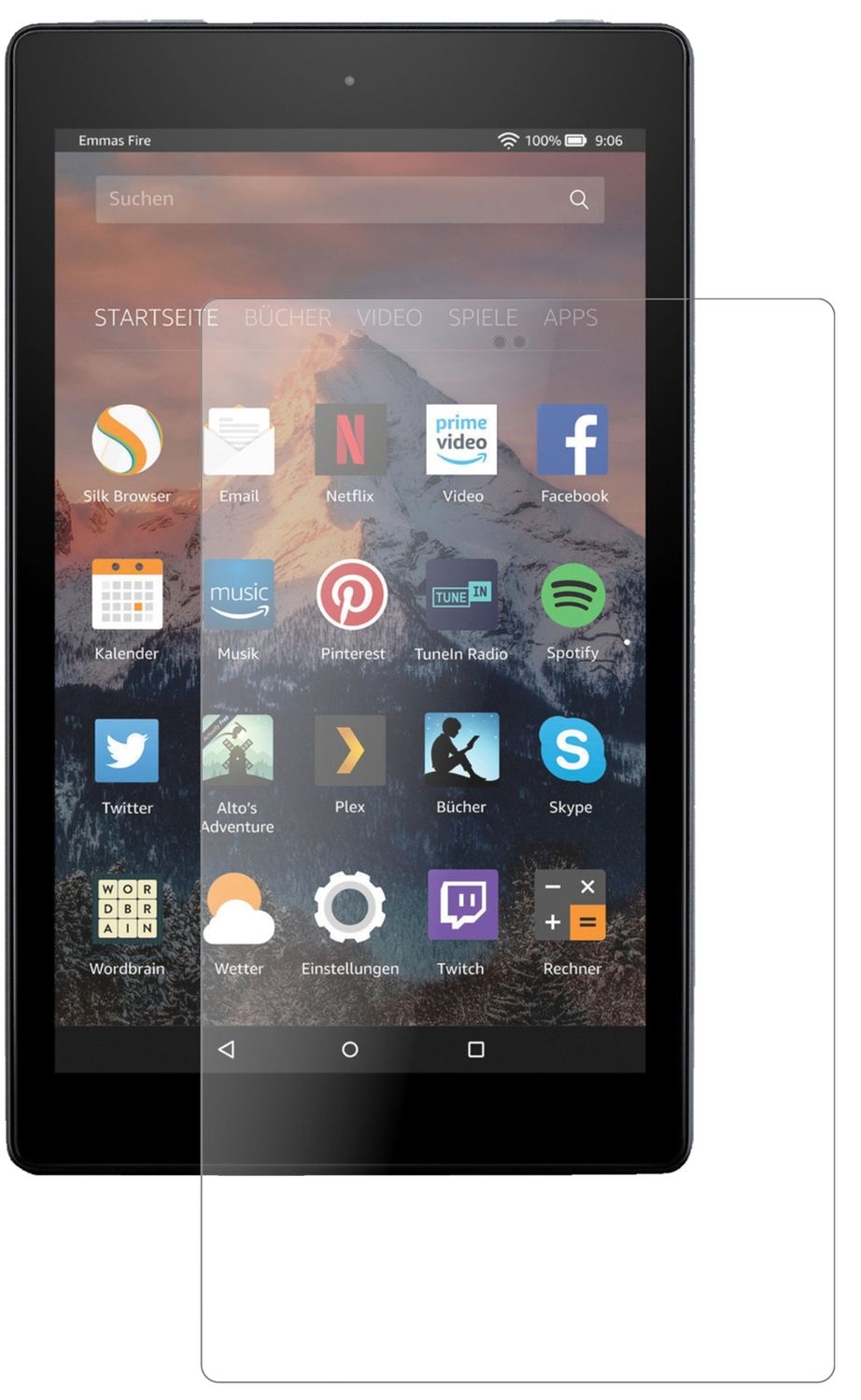 AmazonFire HD 8 Plus (2020) mit aufgebrachter dipos Panzerfolie, die lästige Fingerabdrücke minimiert