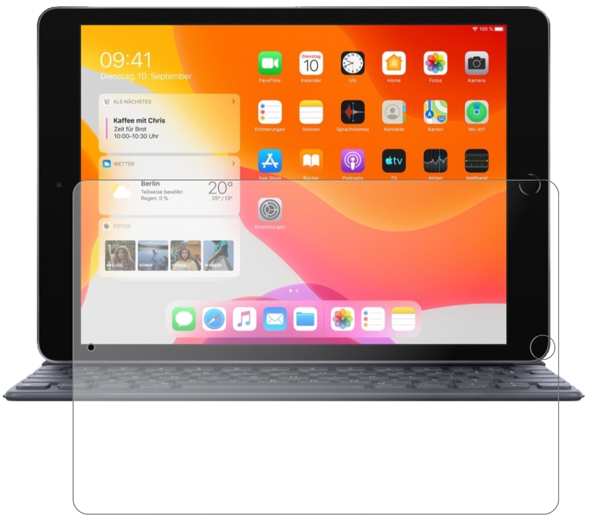 AppleiPad 10.2 Zoll (2019) mit aufgebrachter dipos Panzerfolie, die lästige Fingerabdrücke minimiert