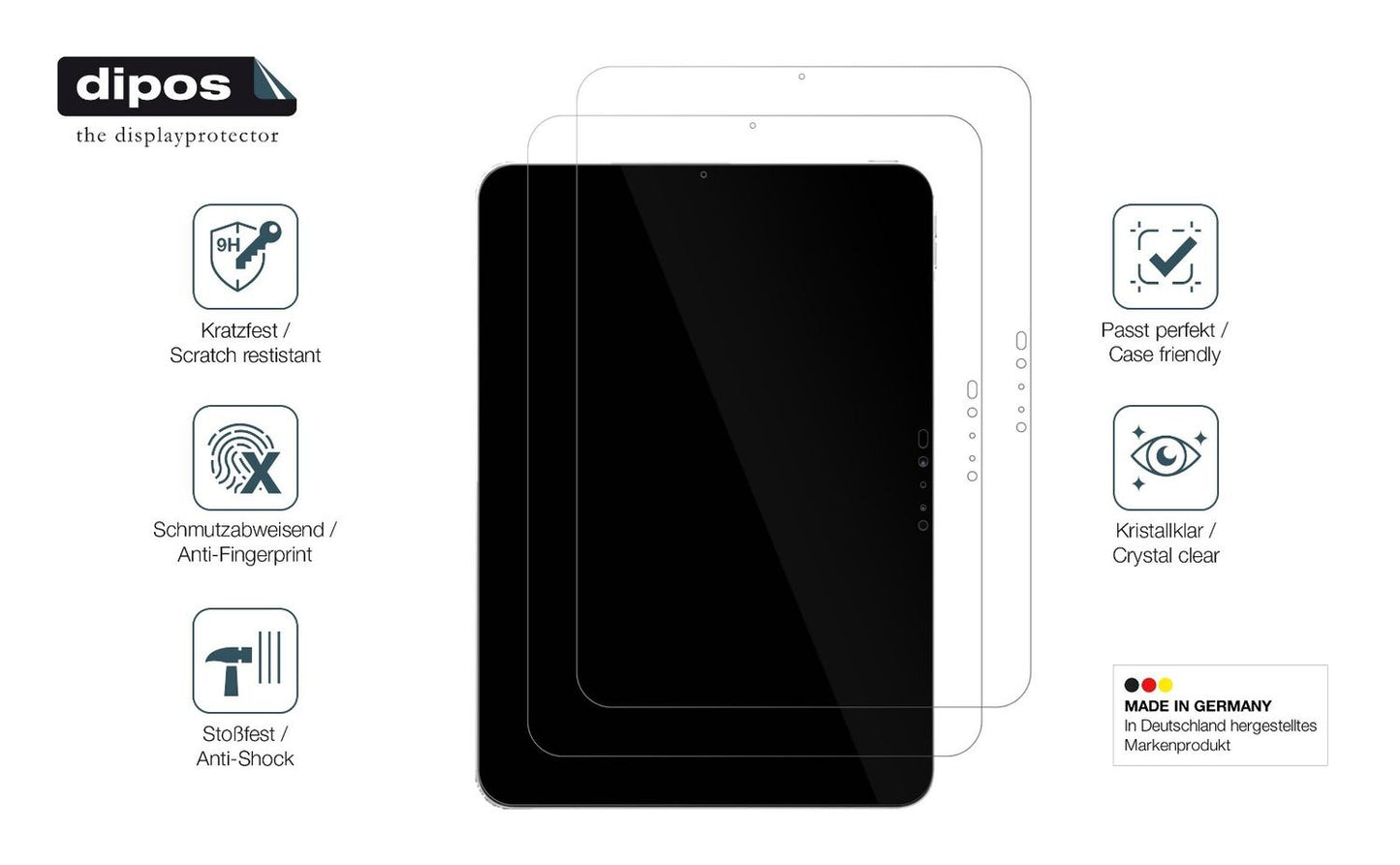 AppleiPad Pro 11 Zoll M4 2024 mit aufgebrachter dipos Panzerfolie, die lästige Fingerabdrücke minimiert
