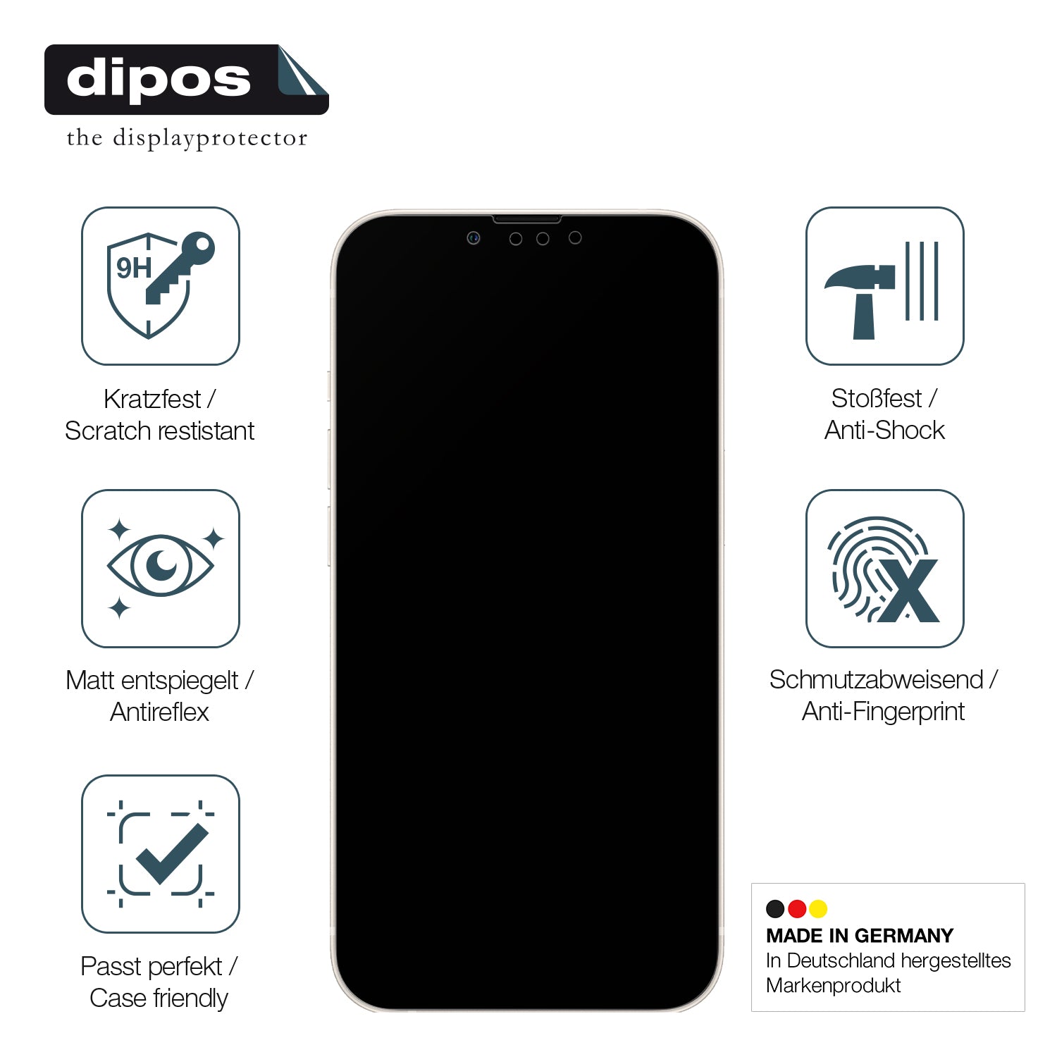 AppleiPhone 13 Pro Max mit aufgebrachter dipos Panzerfolie, die lästige Fingerabdrücke minimiert