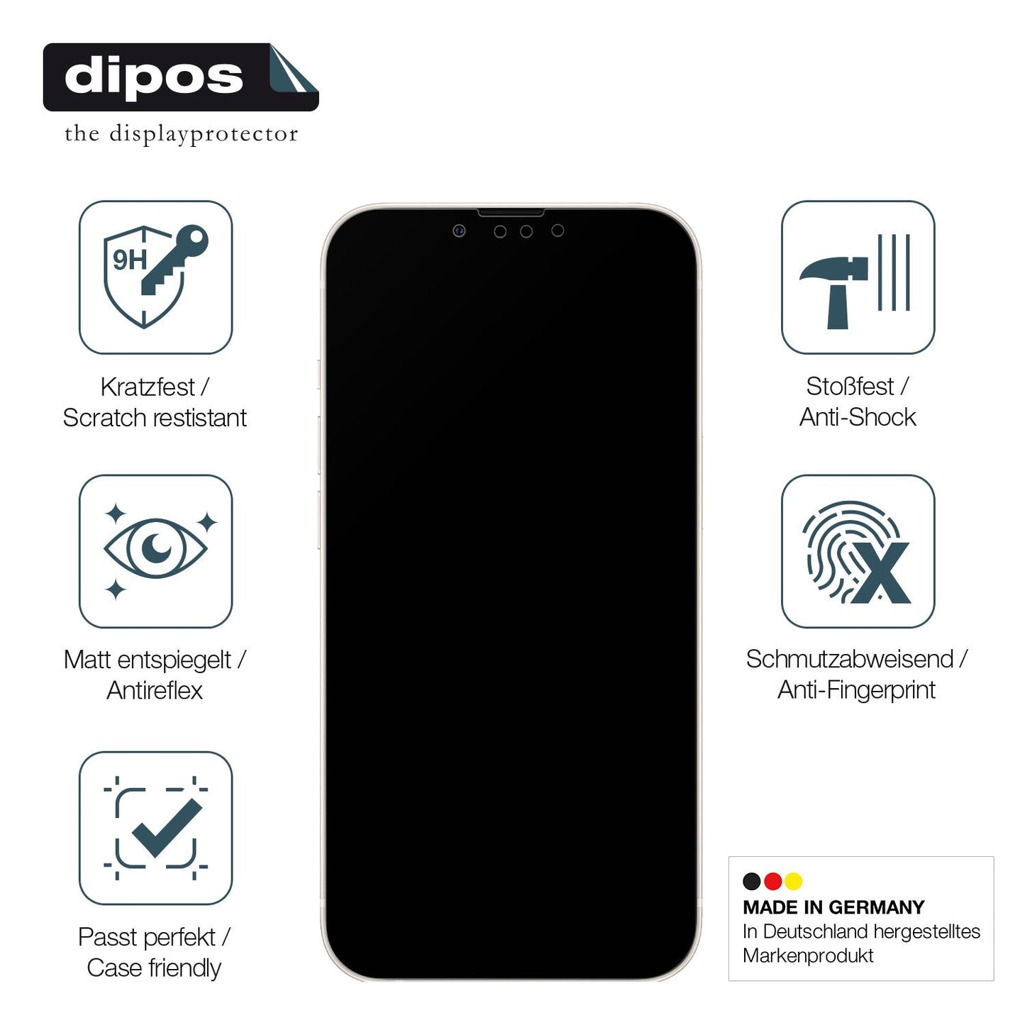 AppleiPhone 13 Pro mit aufgebrachter dipos Panzerfolie, die lästige Fingerabdrücke minimiert