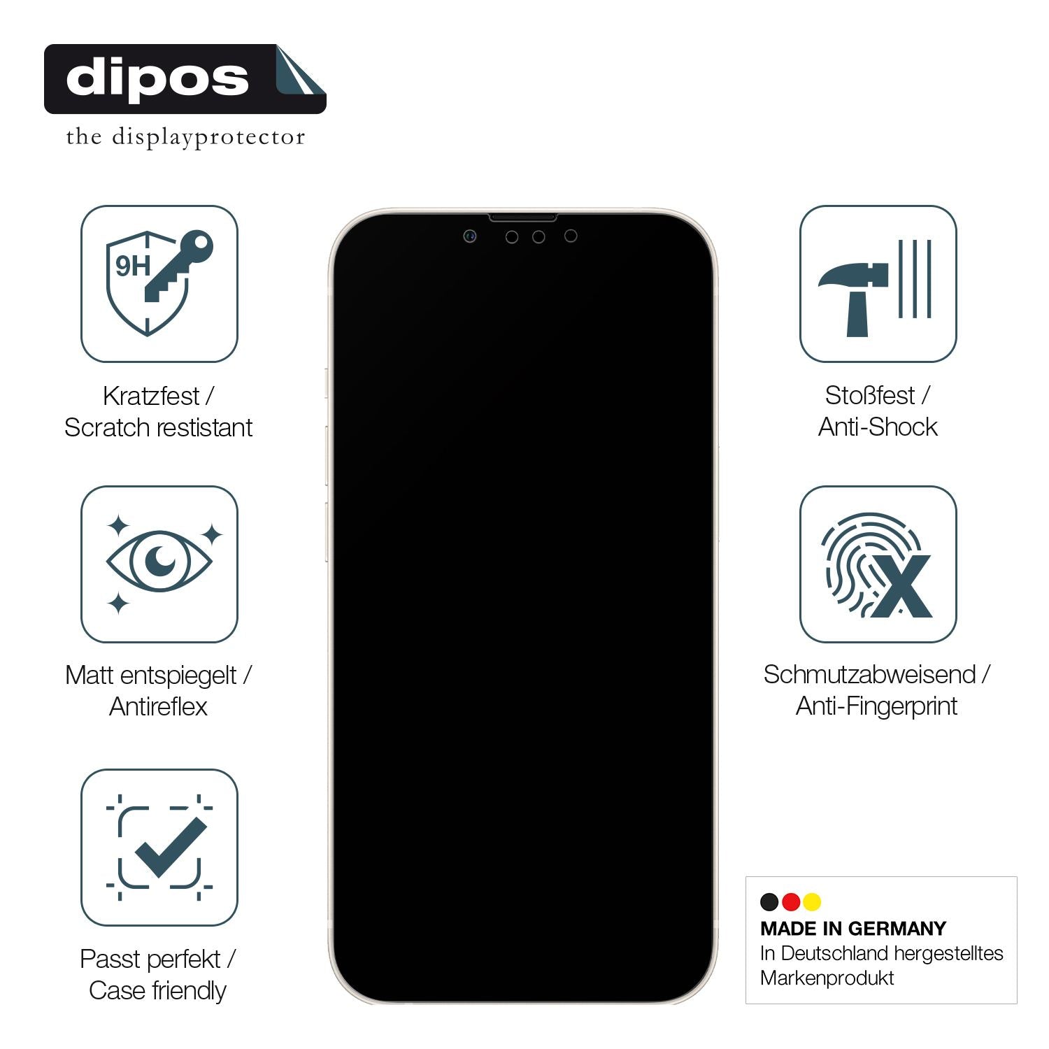 AppleiPhone 13 Pro mit aufgebrachter dipos Panzerfolie, die lästige Fingerabdrücke minimiert