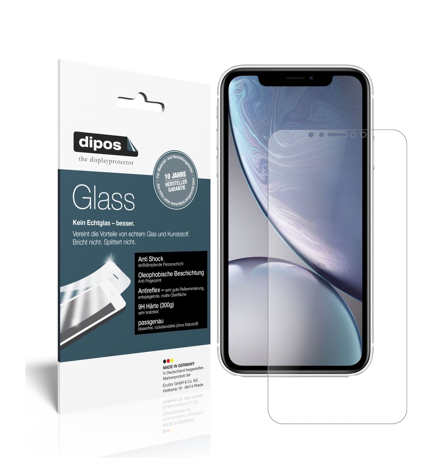 AppleiPhone XR mit aufgebrachter dipos Panzerfolie, die lästige Fingerabdrücke minimiert